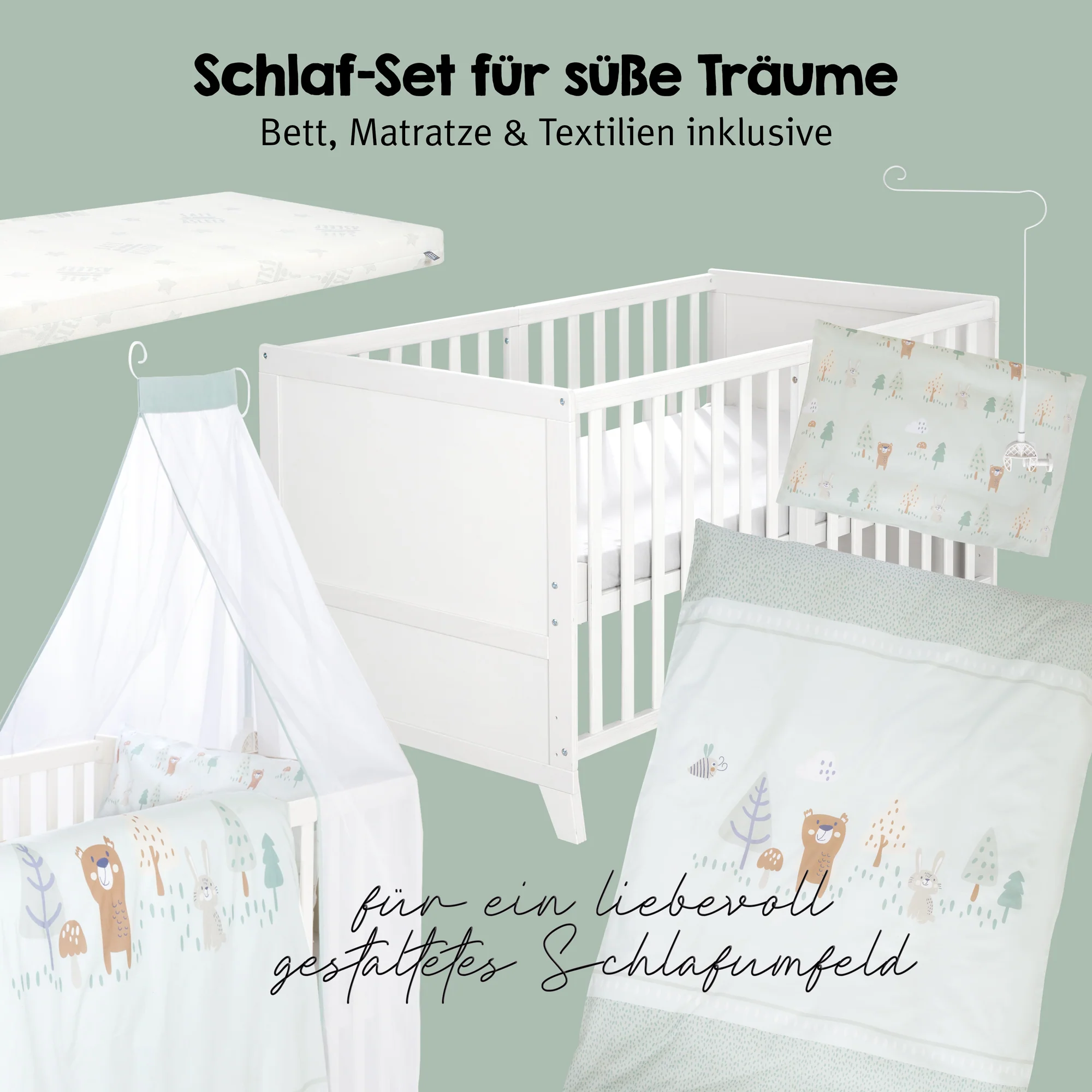 Babybettset 'Woodland Buddies' 70 x 140 inkl. kompletter Ausstattung - Weiß / Pastellgrün - Image 6