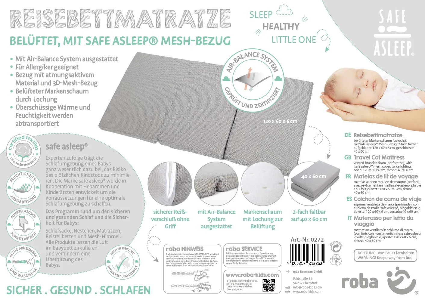 Reisebettmatratze 'safe asleep®', 60 x 120 x 5,5 cm, belüfteter Schaumstoff für optimales Schlafklima - Image 14