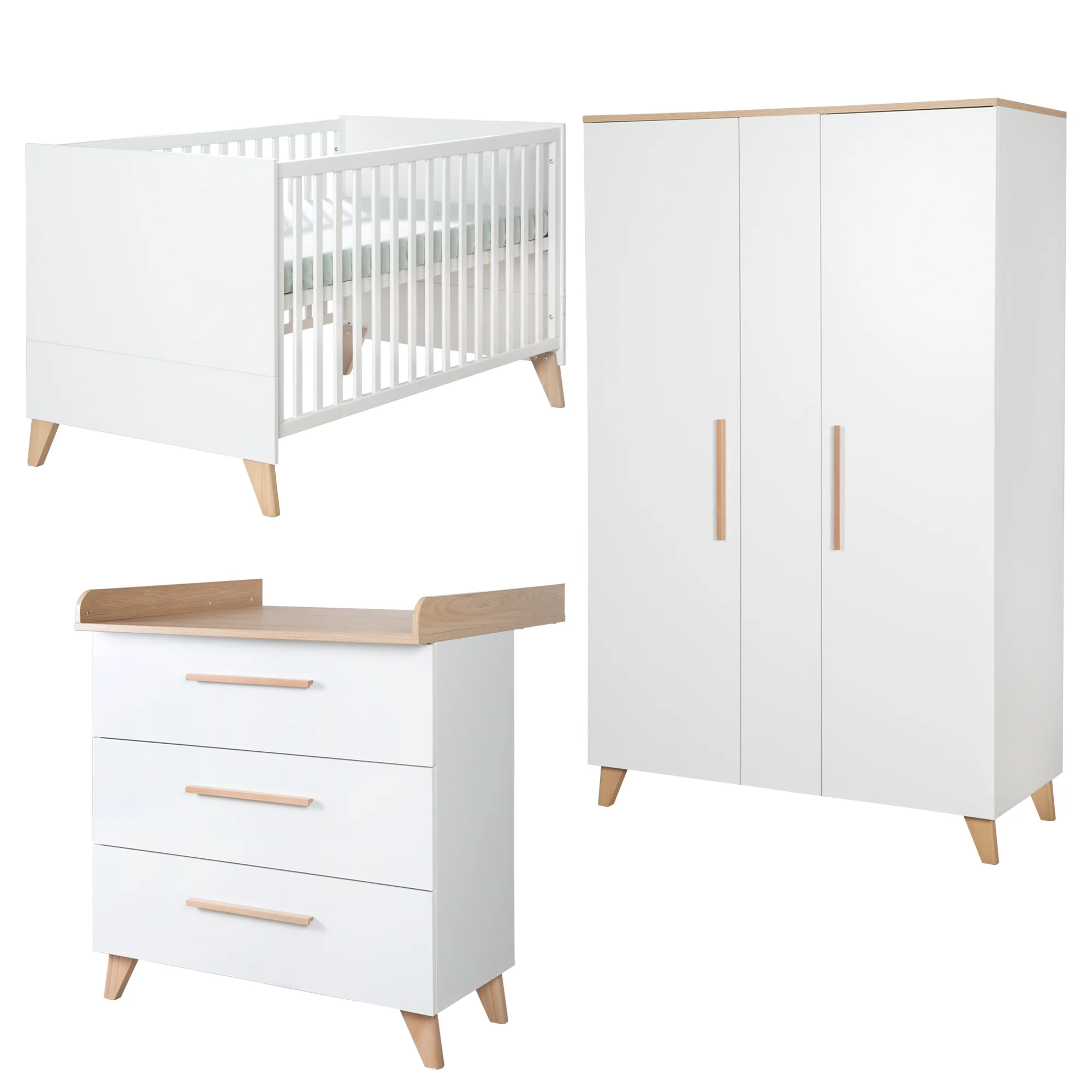 Zimmerset 'Leon' 3-teilig - Kombi-Bett 70x140 + Kommode + Schrank 2,5-türig - Weiß / Eiche - Image 2
