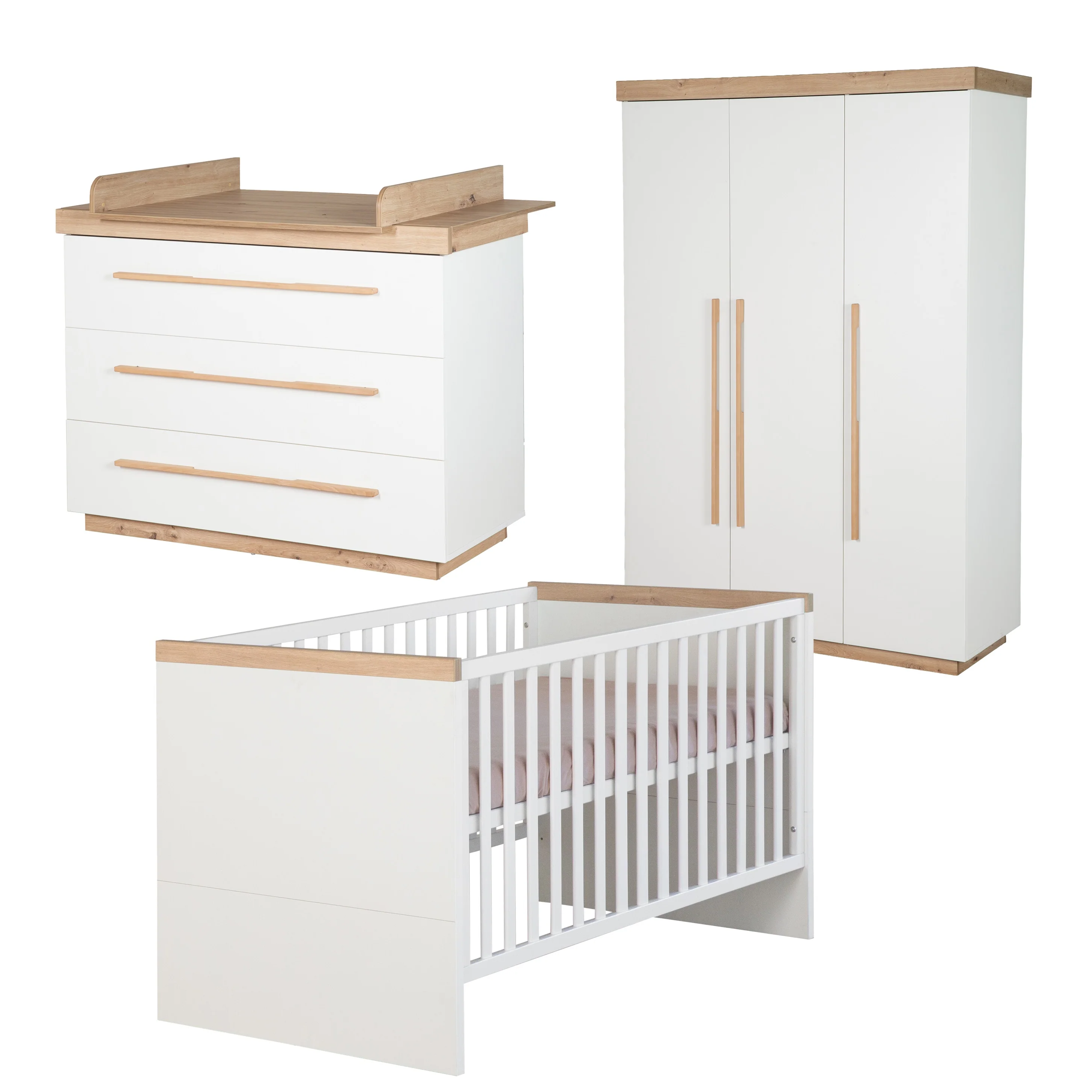 Kinderzimmer Set 'Lumo' 3-teilig - Kombi-Bett + Wickelkommode + Kleiderschrank - Weiß / Artisan Eiche