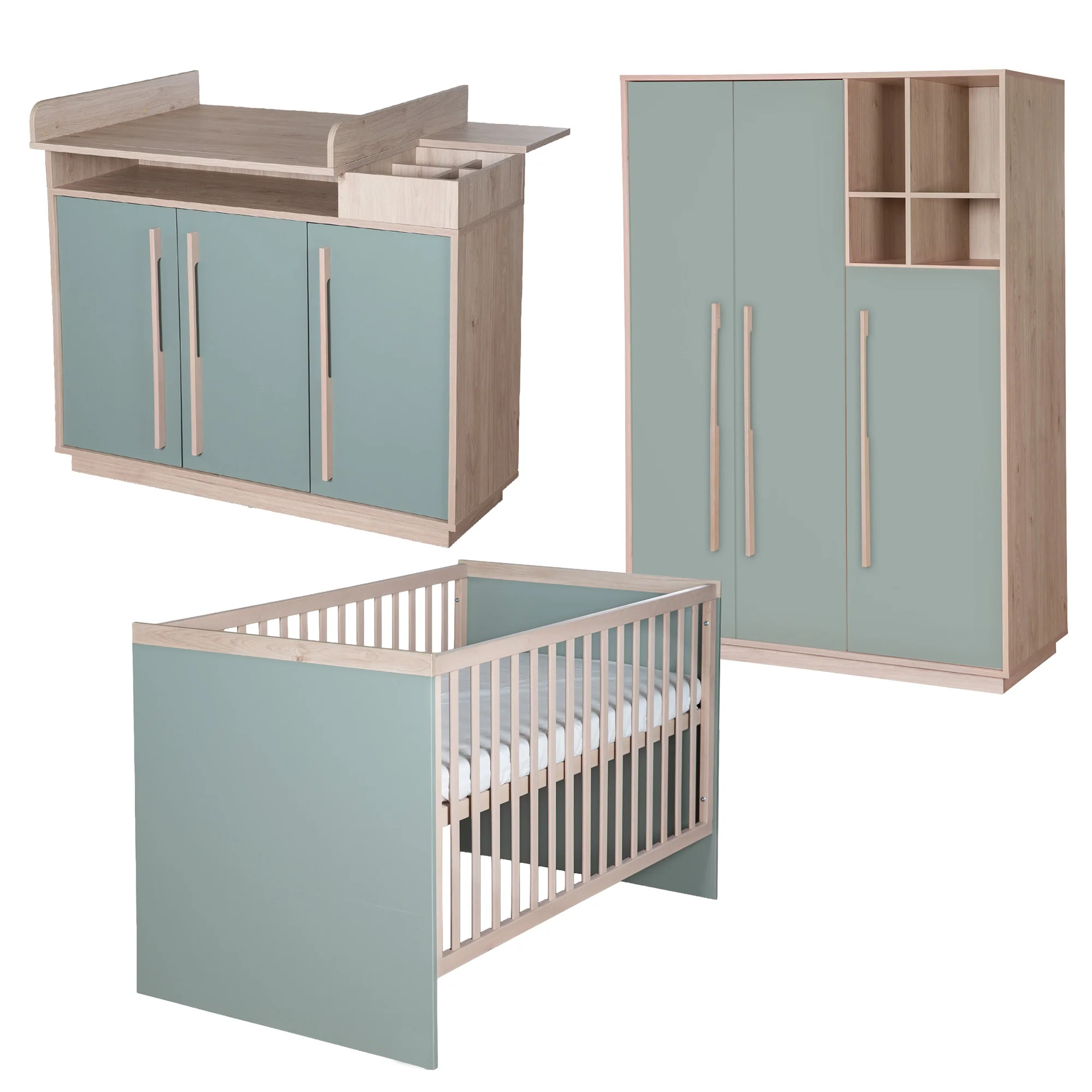 Babyzimmer 'Selva' 3-teilig - Offene Fächer & Soft Close - Reed Green / Virginia Chestnut