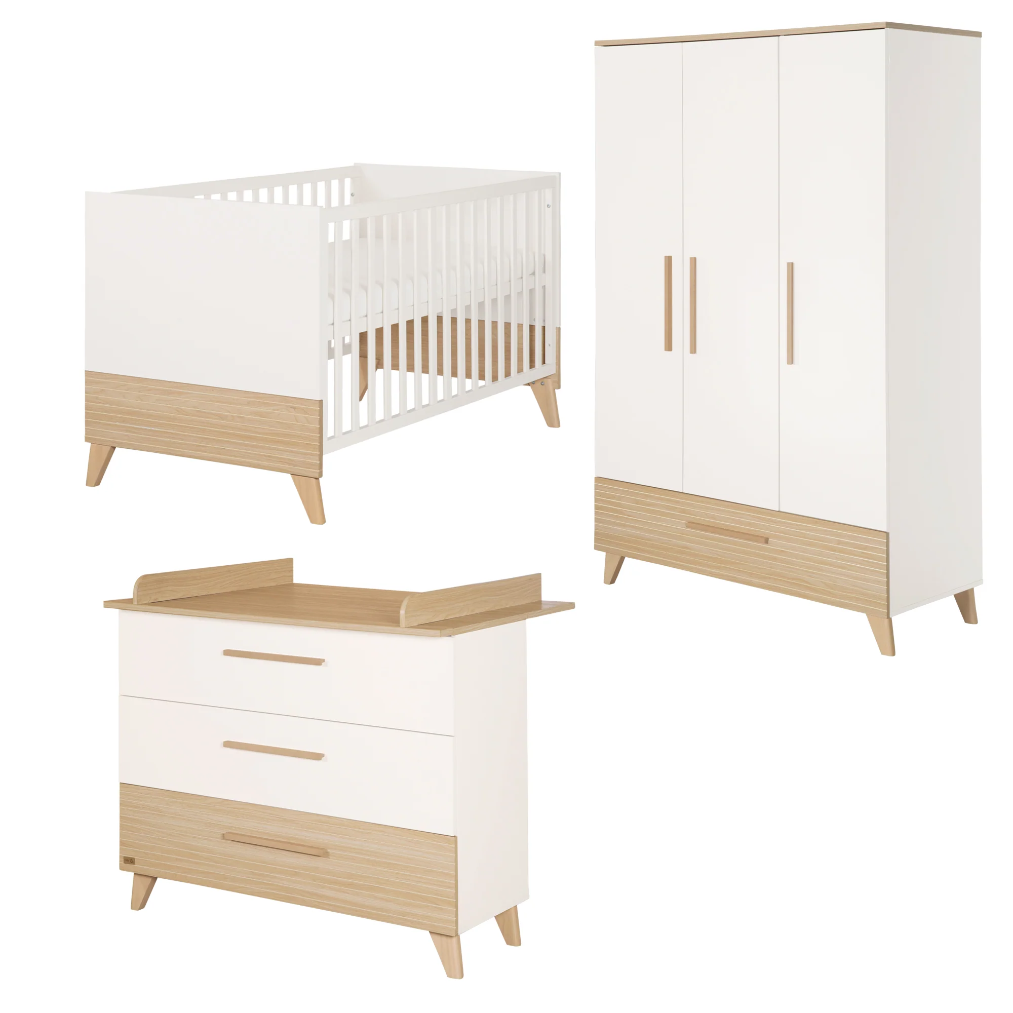 Babyzimmerset 'Theo' 3-teilig - Bett 70x140 + Wickelkommode + Kleiderschrank - Weiß / Eiche - Image 2