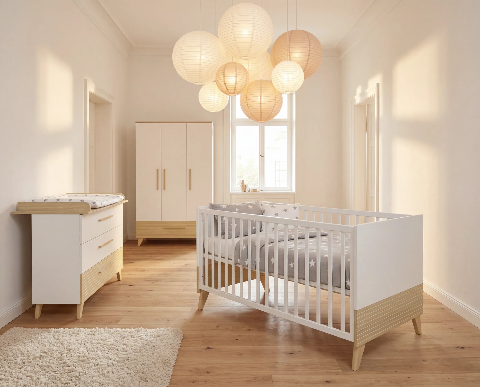 Babyzimmerset 'Theo' 3-teilig - Bett 70x140 + Wickelkommode + Kleiderschrank - Weiß / Eiche - Image 3