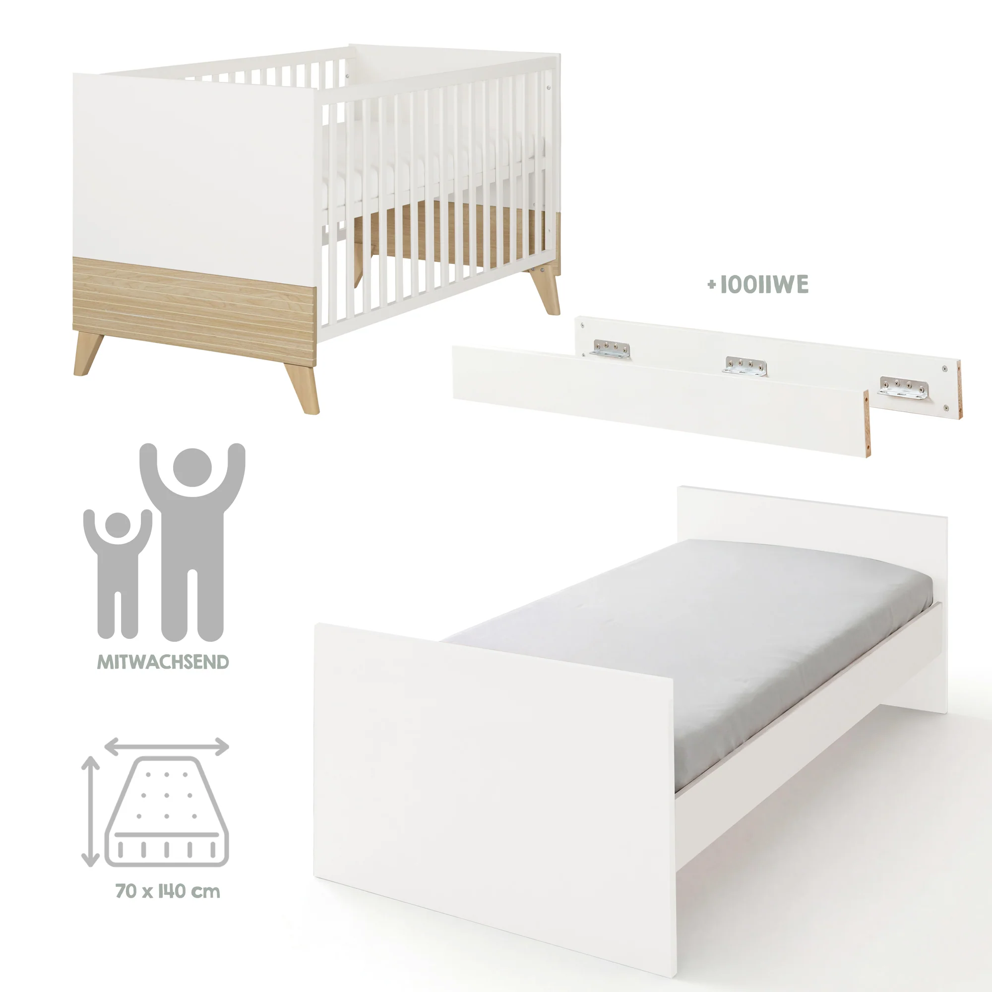 Babyzimmerset 'Theo' 3-teilig - Bett 70x140 + Wickelkommode + Kleiderschrank - Weiß / Eiche - Image 36