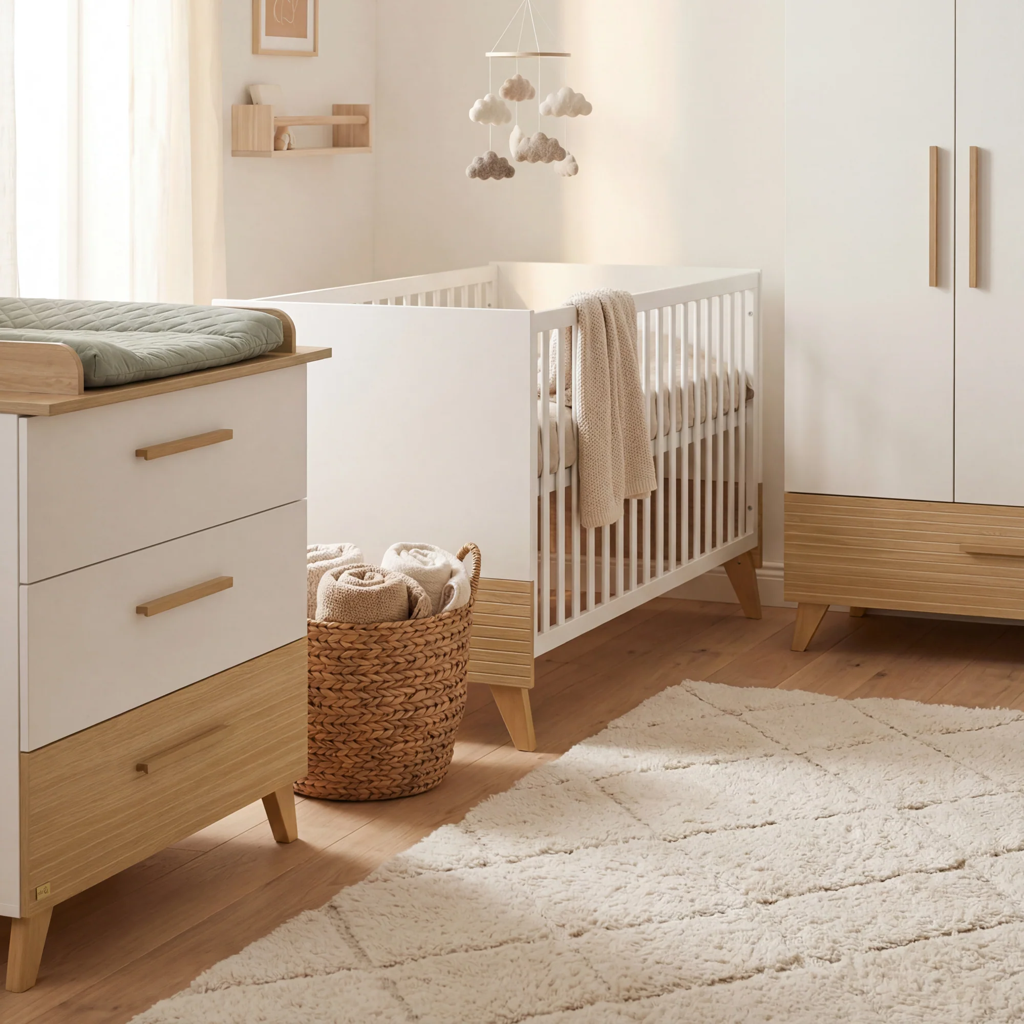 Babyzimmerset 'Theo' 3-teilig - Bett 70x140 + Wickelkommode + Kleiderschrank - Weiß / Eiche - Image 40