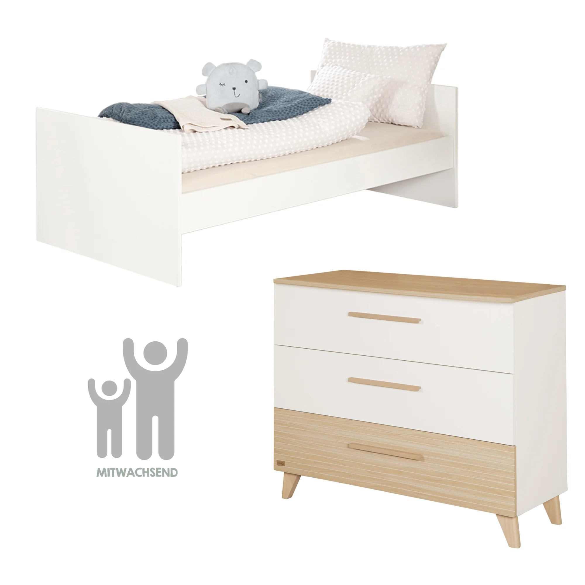 Babyzimmerset 'Theo' 3-teilig - Bett 70x140 + Wickelkommode + Kleiderschrank - Weiß / Eiche - Image 43
