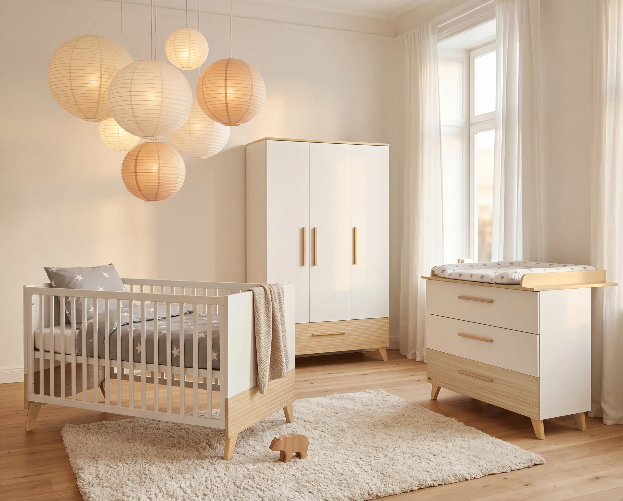 Babyzimmerset 'Theo' 3-teilig - Bett 70x140 + Wickelkommode + Kleiderschrank - Weiß / Eiche - Image 44