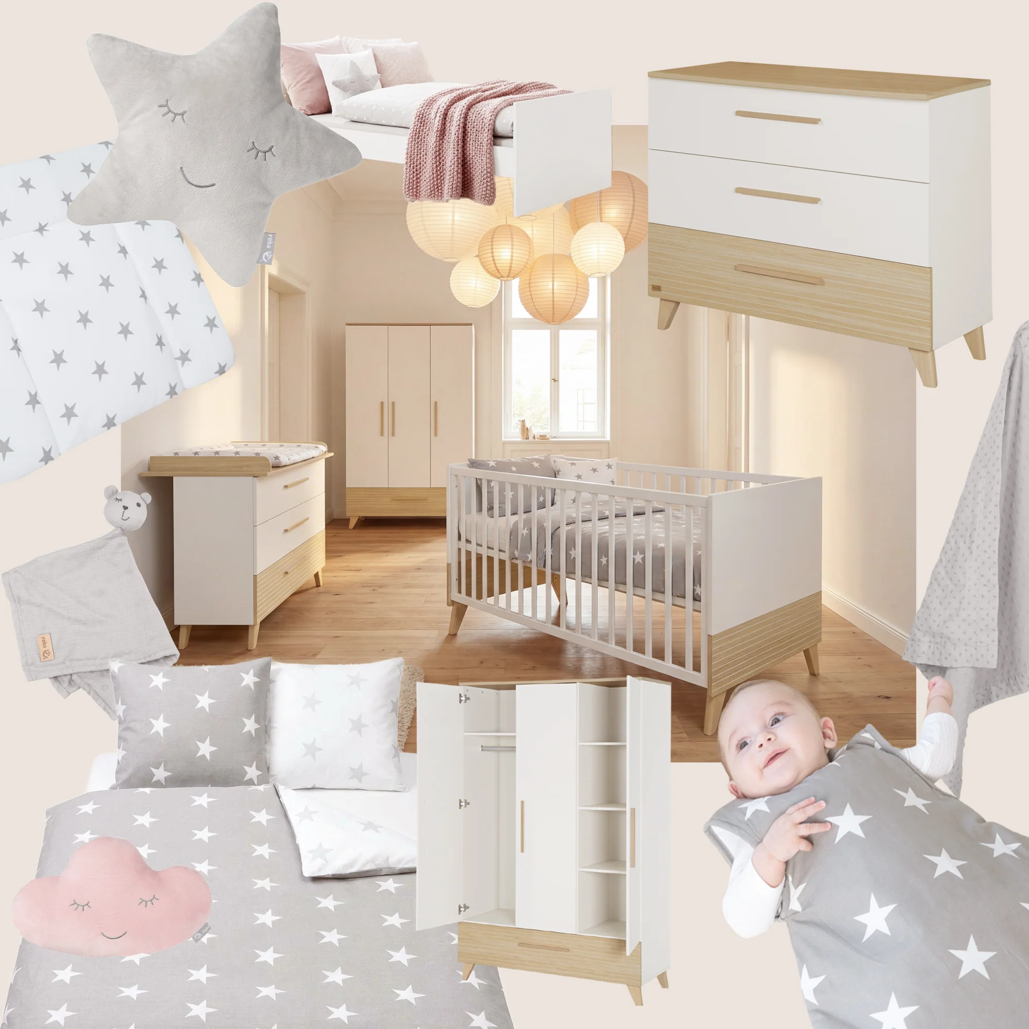 Babyzimmerset 'Theo' 3-teilig - Bett 70x140 + Wickelkommode + Kleiderschrank - Weiß / Eiche - Image 8