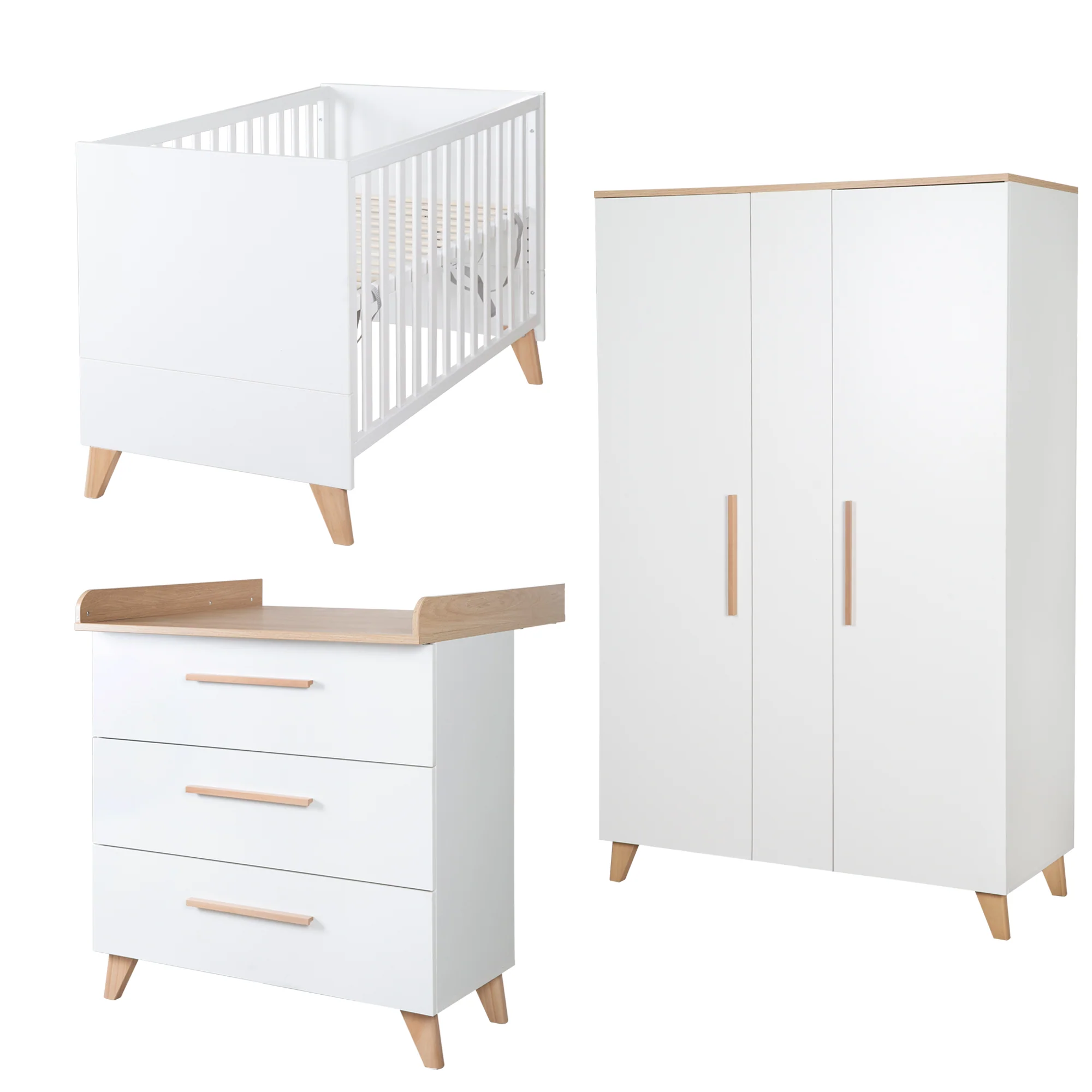 Babyzimmer Leon 3-teilig - Baby- & Beistellbett 60x120 + Kommode + Kleiderschrank 2,5-türig - Weiß / Othello Eiche