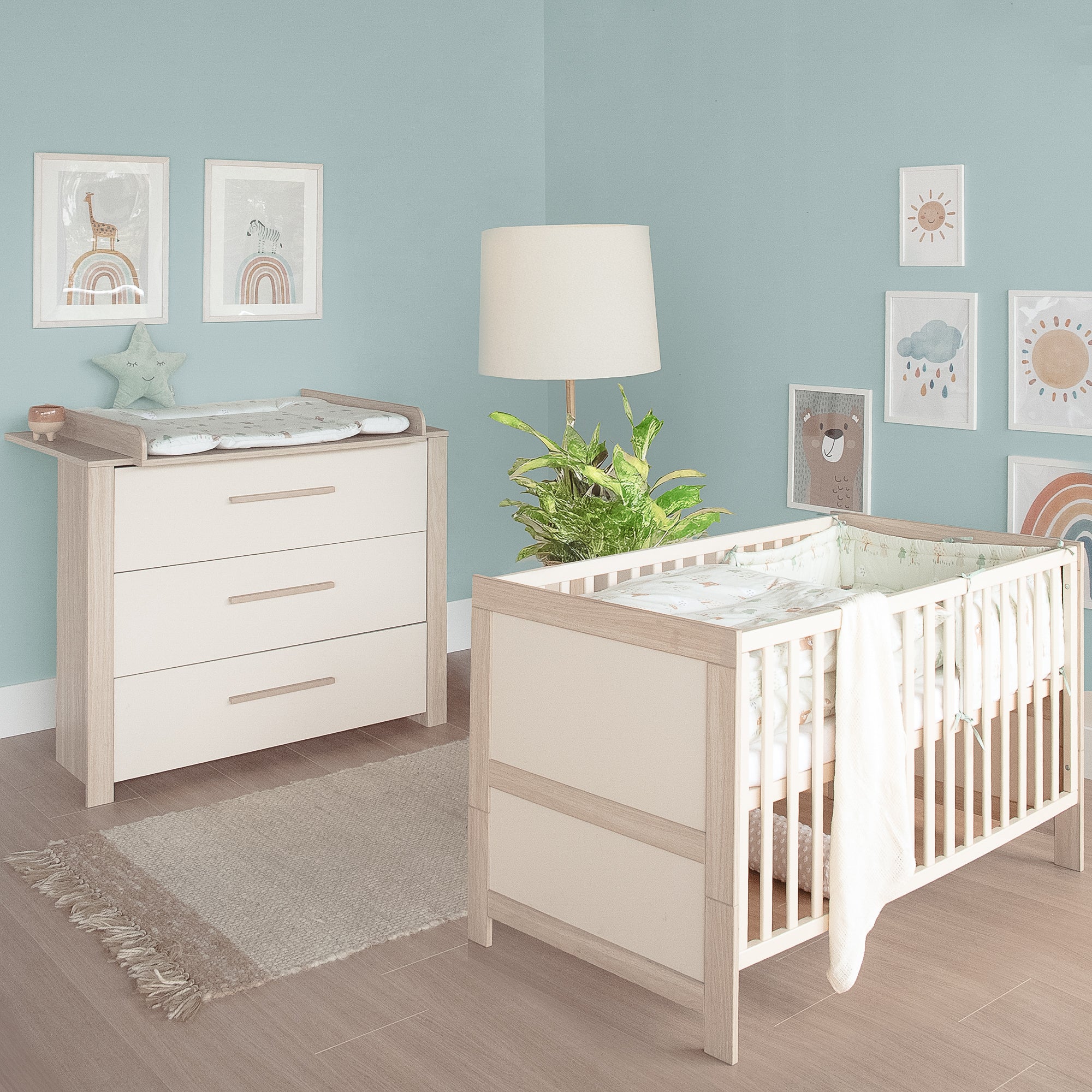 Möbelset 'Momo' 2-teilig - Kinderbett 70x140 + Wickelkommode - Cashmere / Tristan Eiche