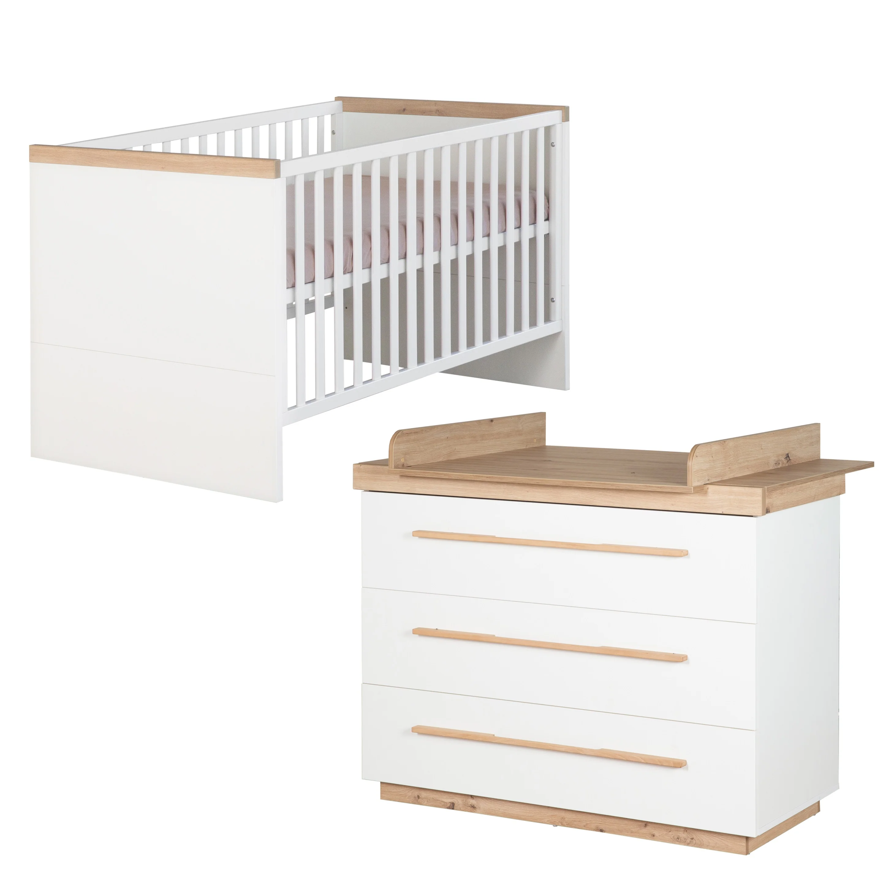 Möbelset 'Lumo' 2-teilig - Kombi-Kinderbett 70x140 + Wickelkommode - Weiß / Artisan Eiche