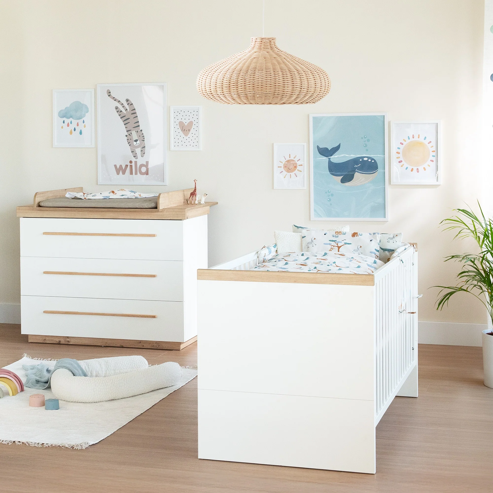 Möbelset 'Lumo' 2-teilig - Kombi-Kinderbett 70x140 + Wickelkommode - Weiß / Artisan Eiche - Image 2