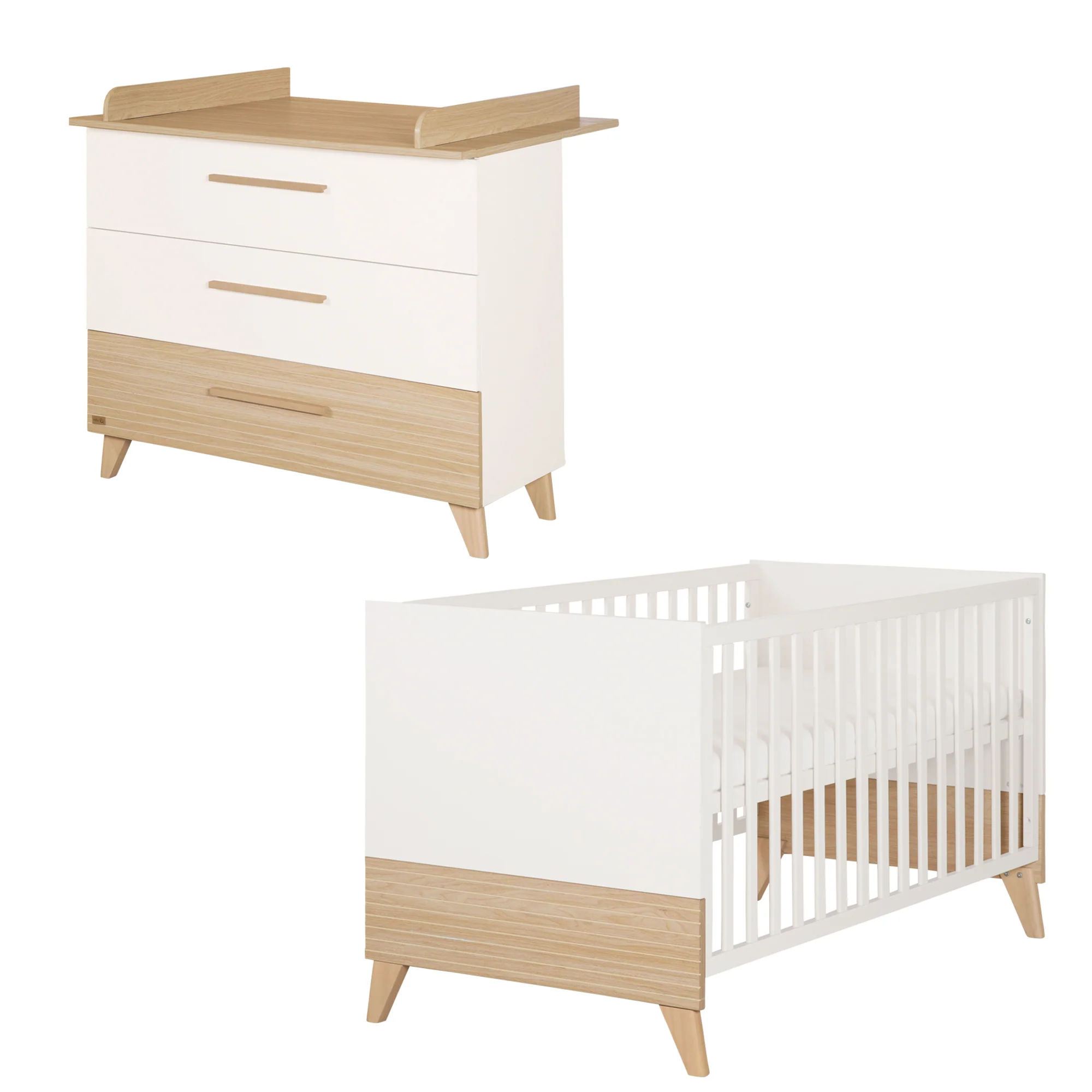 Möbelset 'Theo' 2-teilig - Umbaubares Babybett 70x140 + Wickelkommode - Weiß / Eiche - Image 2