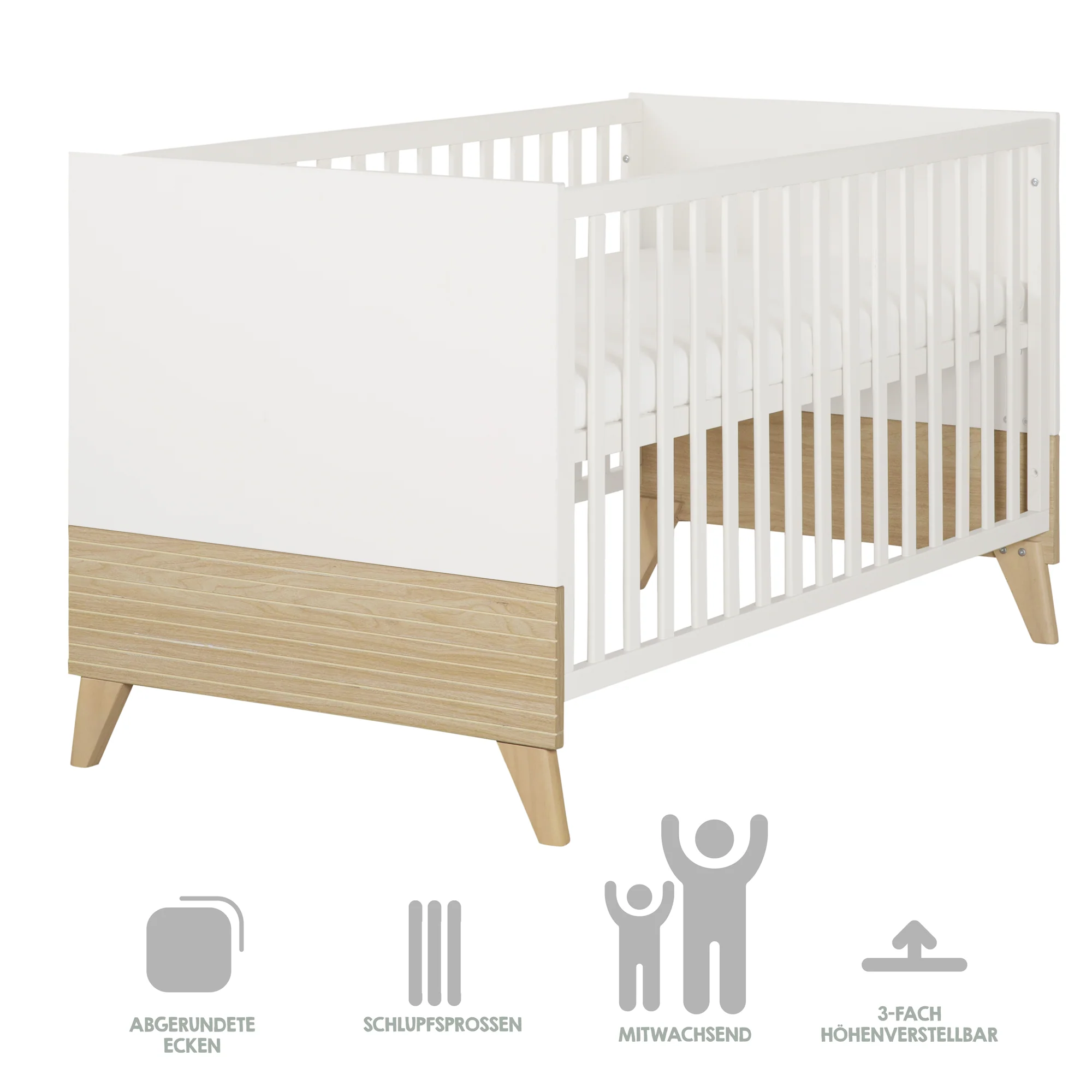 Möbelset 'Theo' 2-teilig - Umbaubares Babybett 70x140 + Wickelkommode - Weiß / Eiche - Image 20
