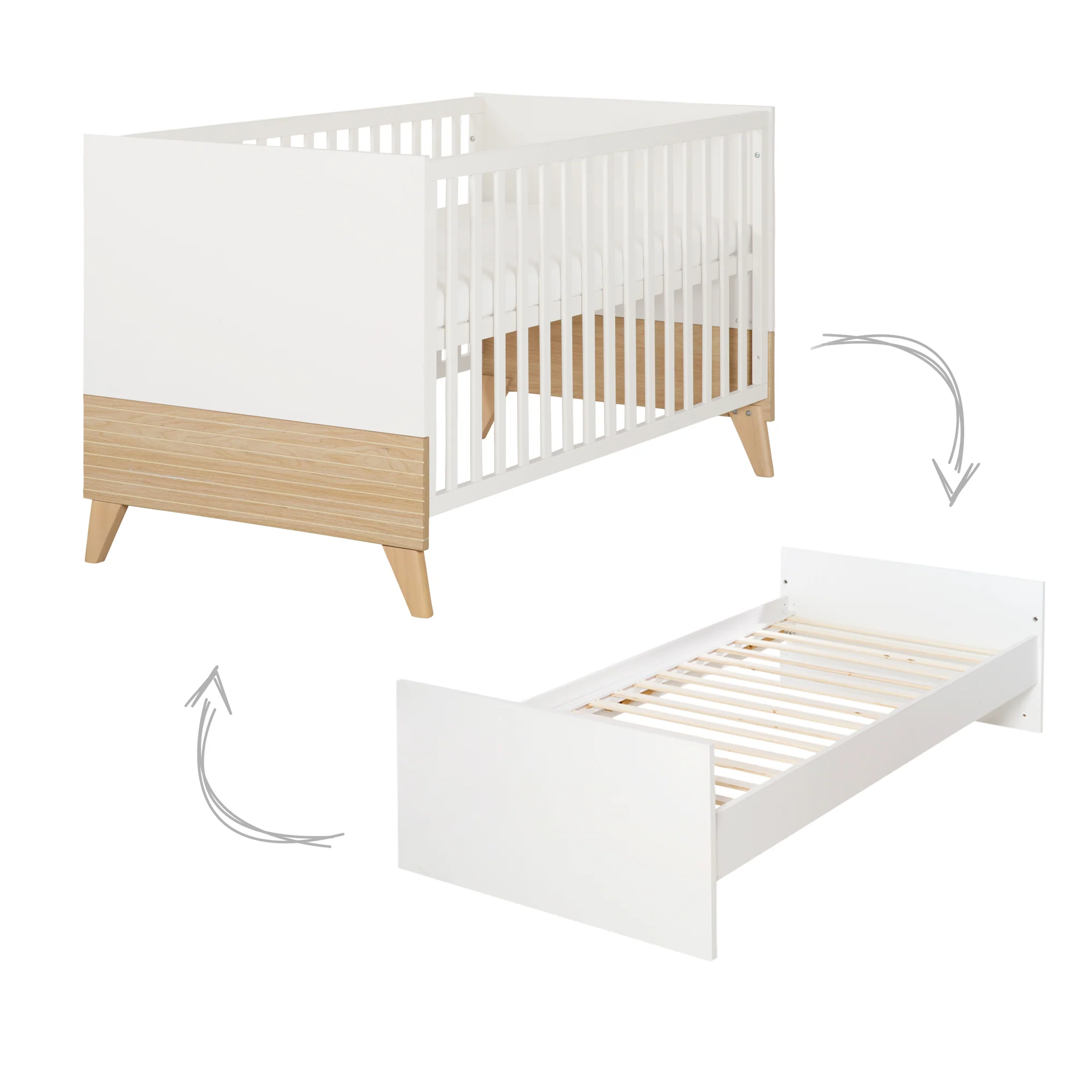 Möbelset 'Theo' 2-teilig - Umbaubares Babybett 70x140 + Wickelkommode - Weiß / Eiche - Image 24