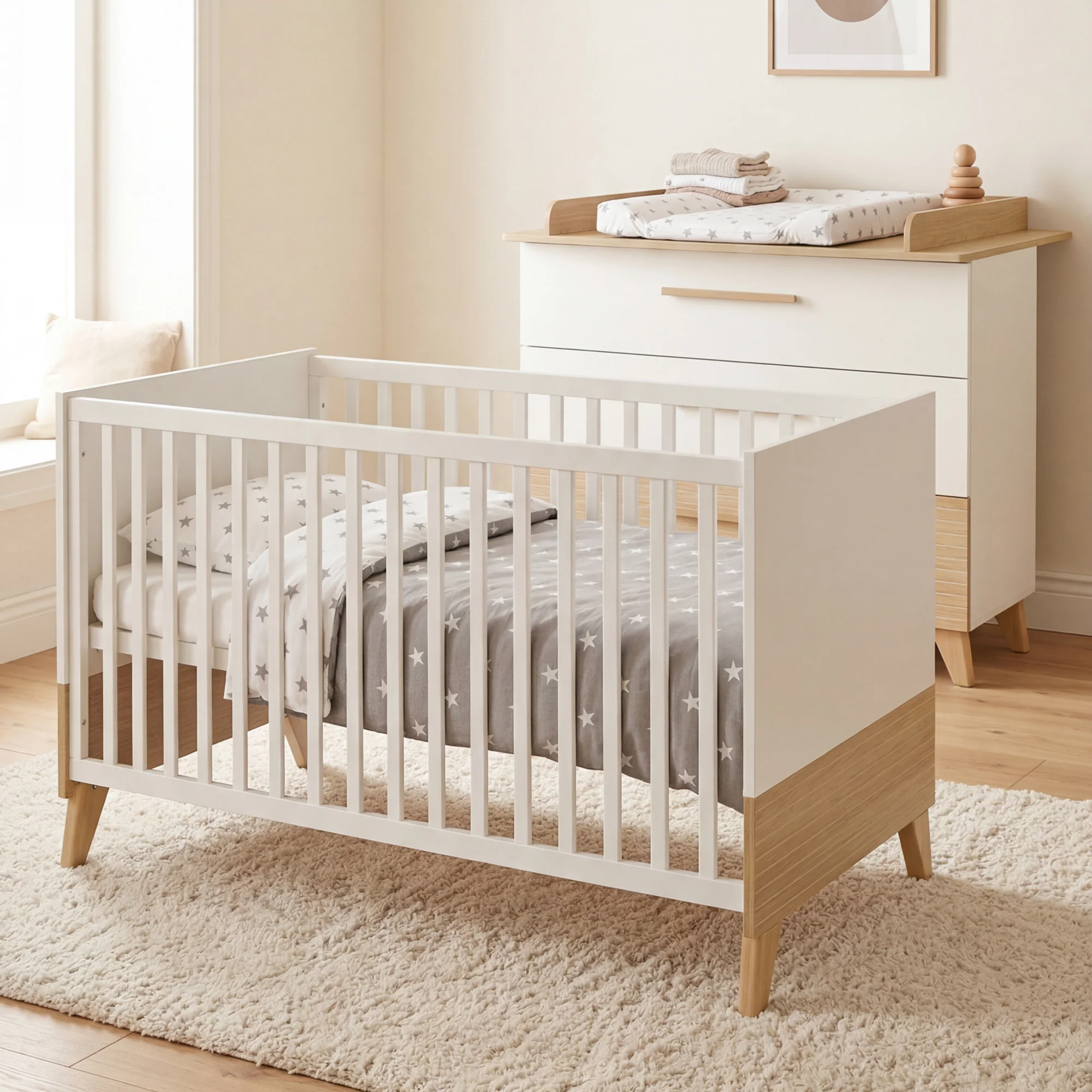 Möbelset 'Theo' 2-teilig - Umbaubares Babybett 70x140 + Wickelkommode - Weiß / Eiche - Image 25