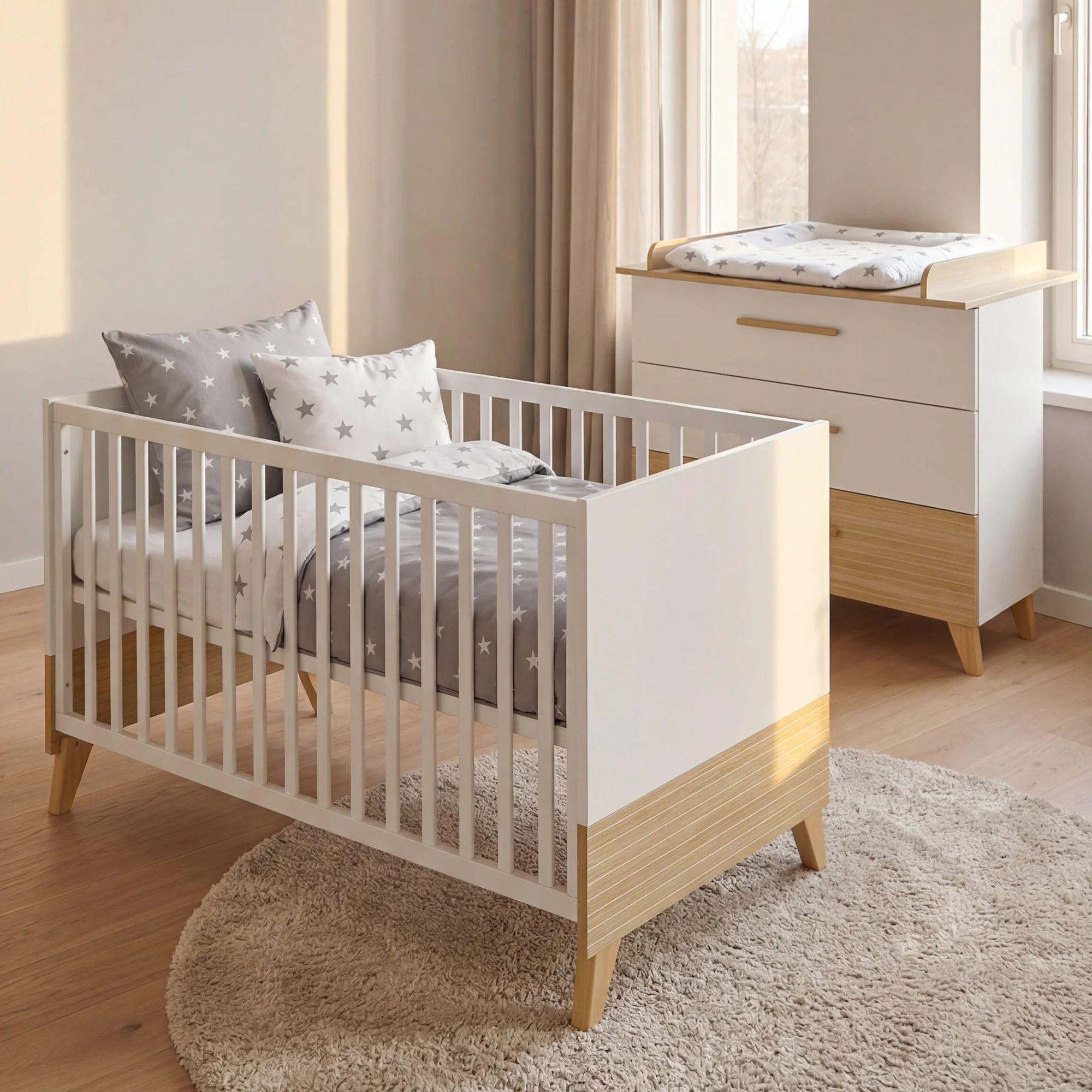 Möbelset 'Theo' 2-teilig - Umbaubares Babybett 70x140 + Wickelkommode - Weiß / Eiche - Image 28