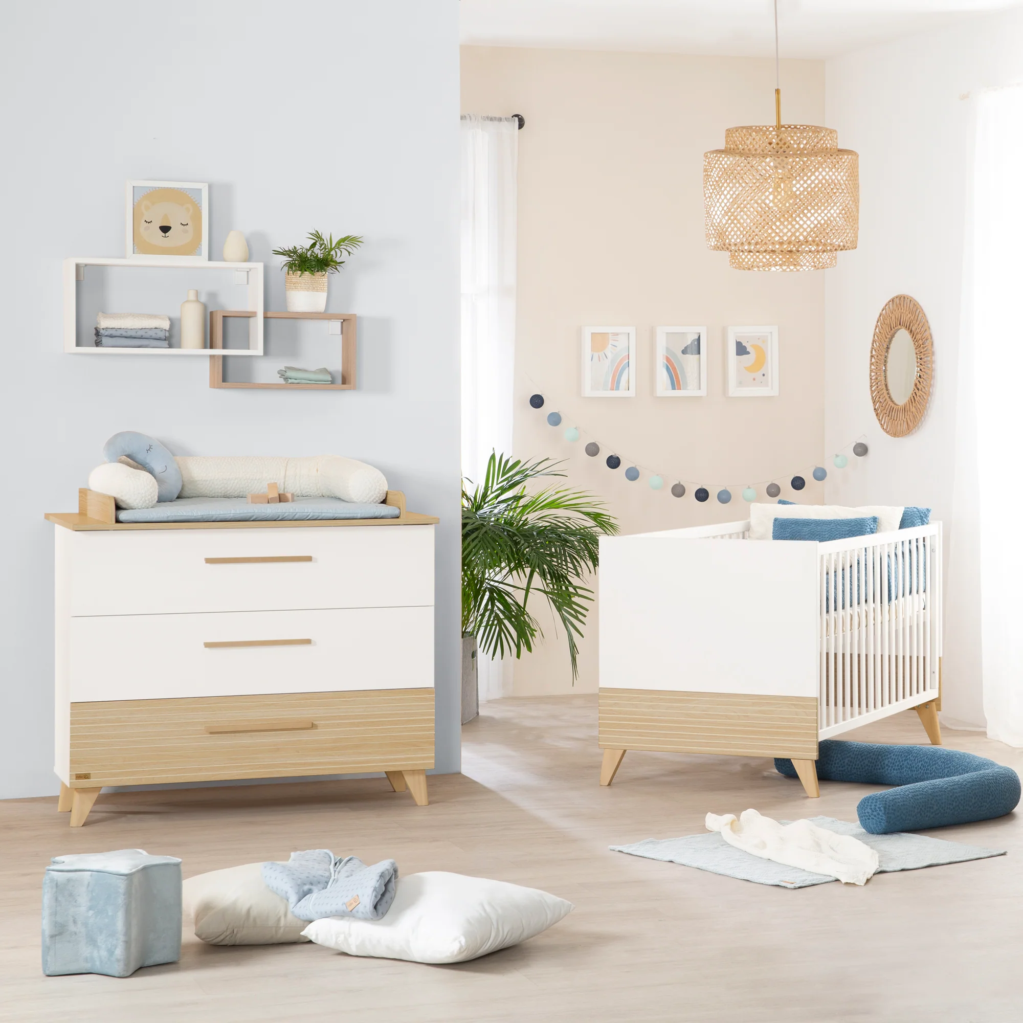 Möbelset 'Theo' 2-teilig - Umbaubares Babybett 70x140 + Wickelkommode - Weiß / Eiche - Image 3