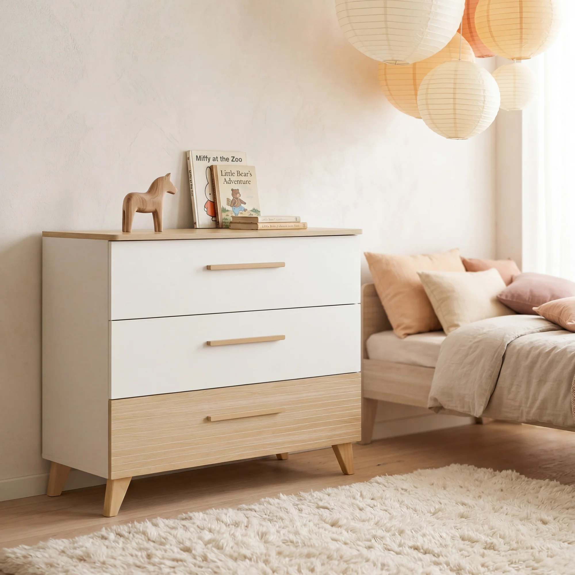 Möbelset 'Theo' 2-teilig - Umbaubares Babybett 70x140 + Wickelkommode - Weiß / Eiche - Image 30