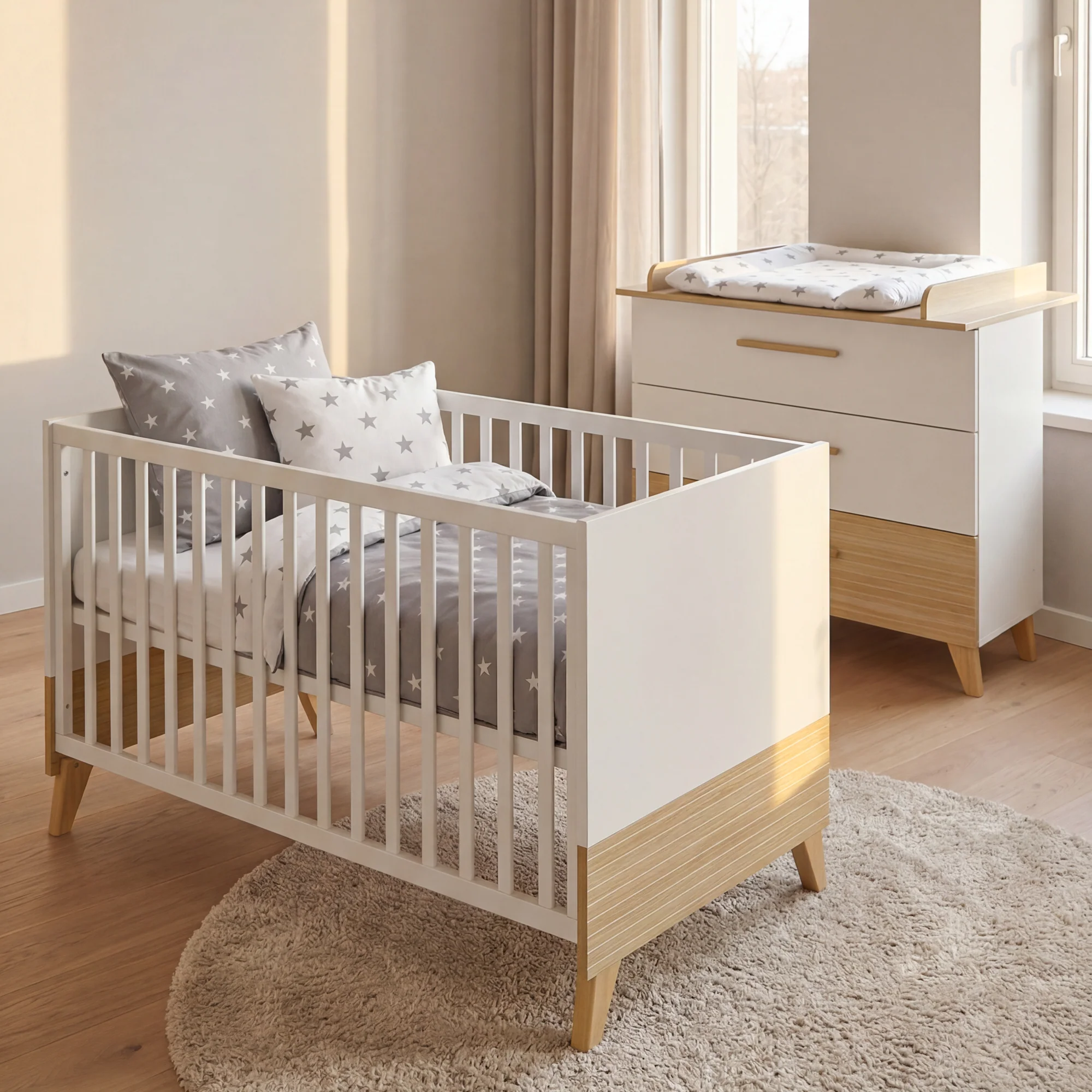 Möbelset 'Theo' 2-teilig - Umbaubares Babybett 70x140 + Wickelkommode - Weiß / Eiche - Image 32