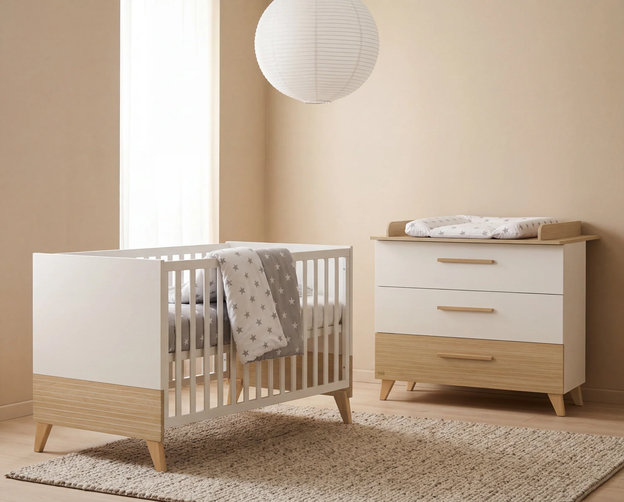 Möbelset 'Theo' 2-teilig - Umbaubares Babybett 70x140 + Wickelkommode - Weiß / Eiche - Image 4