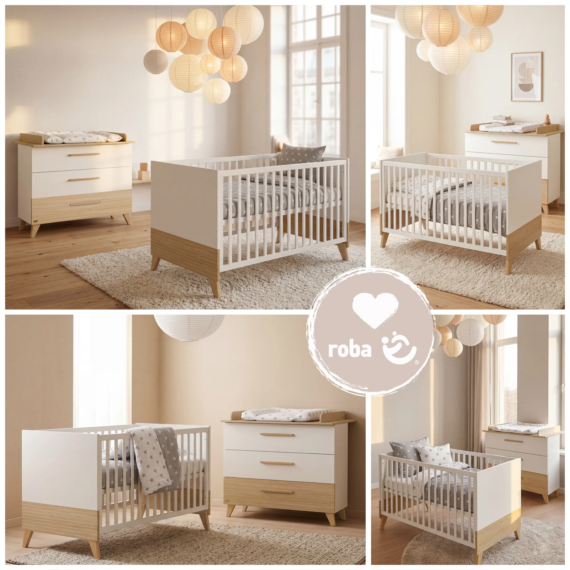 Möbelset 'Theo' 2-teilig - Umbaubares Babybett 70x140 + Wickelkommode - Weiß / Eiche - Image 5