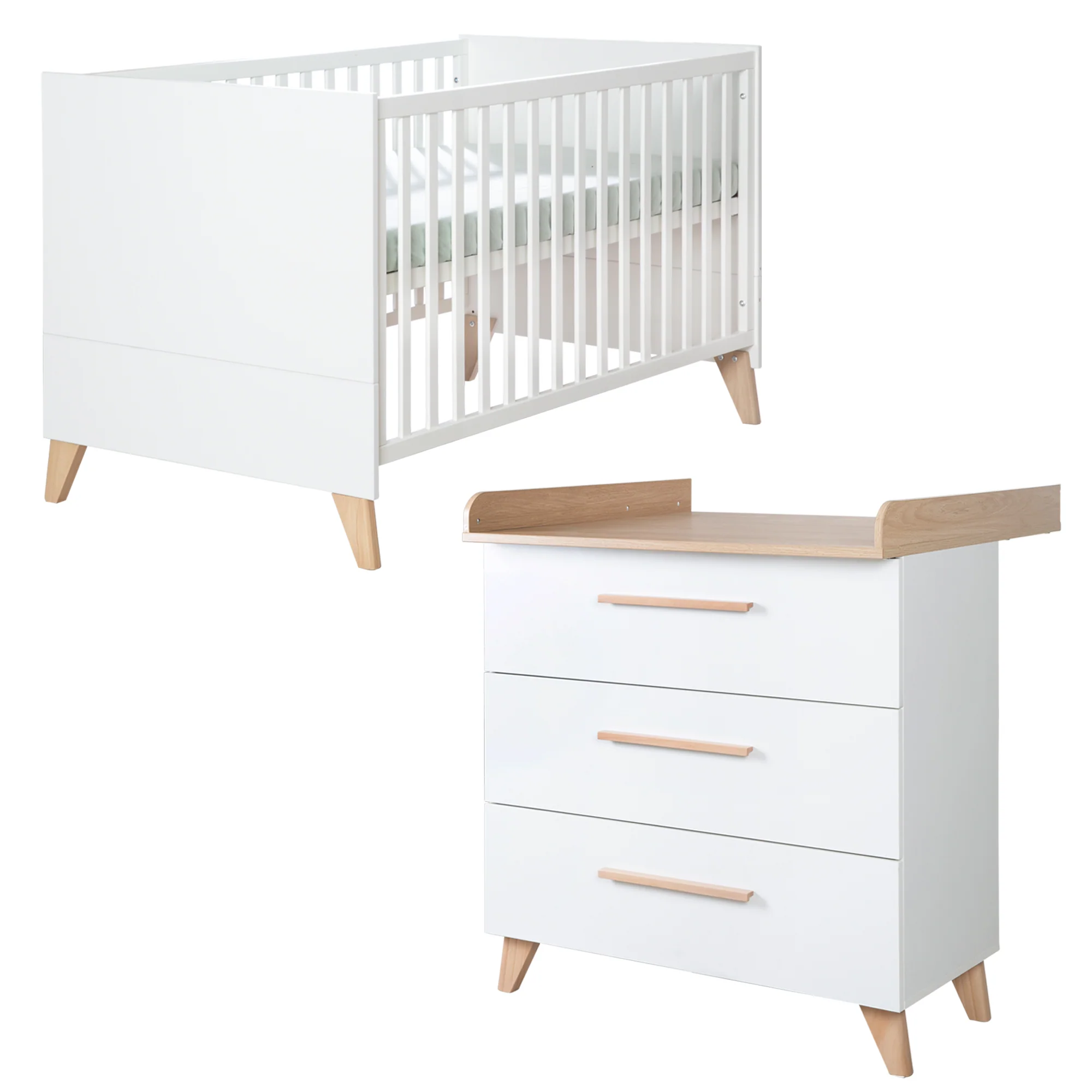 Möbelset 'Leon' 2-teilig - Kombi-Bett 70x140 cm & Wickelkommode - Weiß / Othello Eiche - Image 2