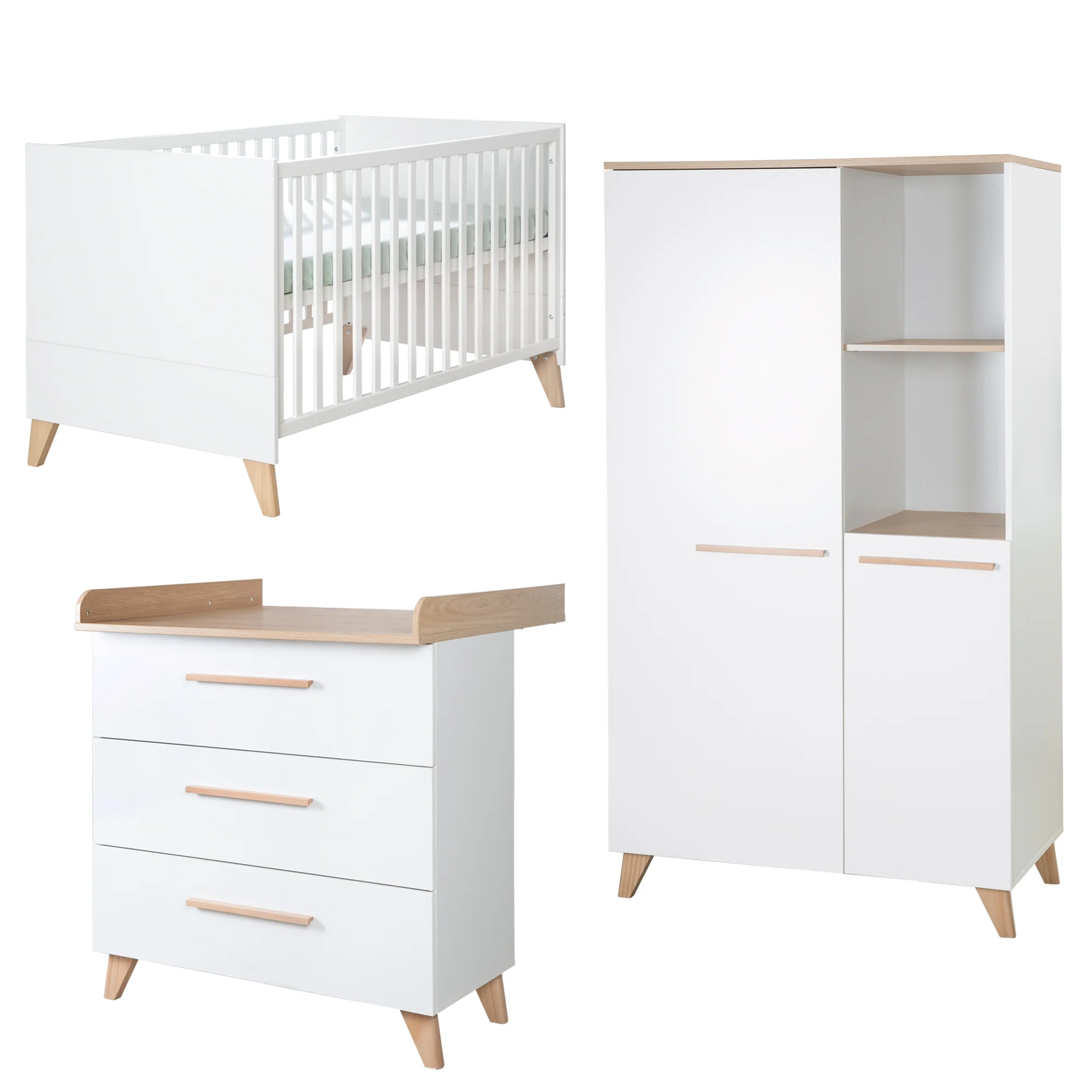 Babyzimmer Set 'Leon' 3-teilig - Kombi-Bett 70x140 + Wickelkommode + Kleiderschrank 2-türig - Weiß / Othello Eiche - Image 2