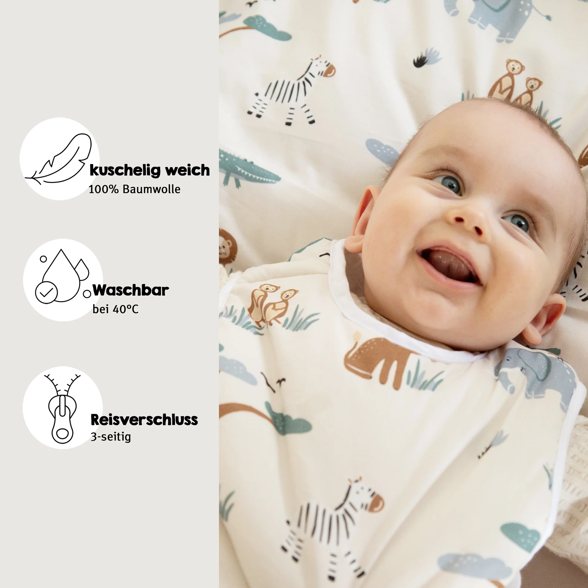Babyschlafsack 'Savanna Friends' aus Baumwolle - Tiermotiv - Beige - Image 3