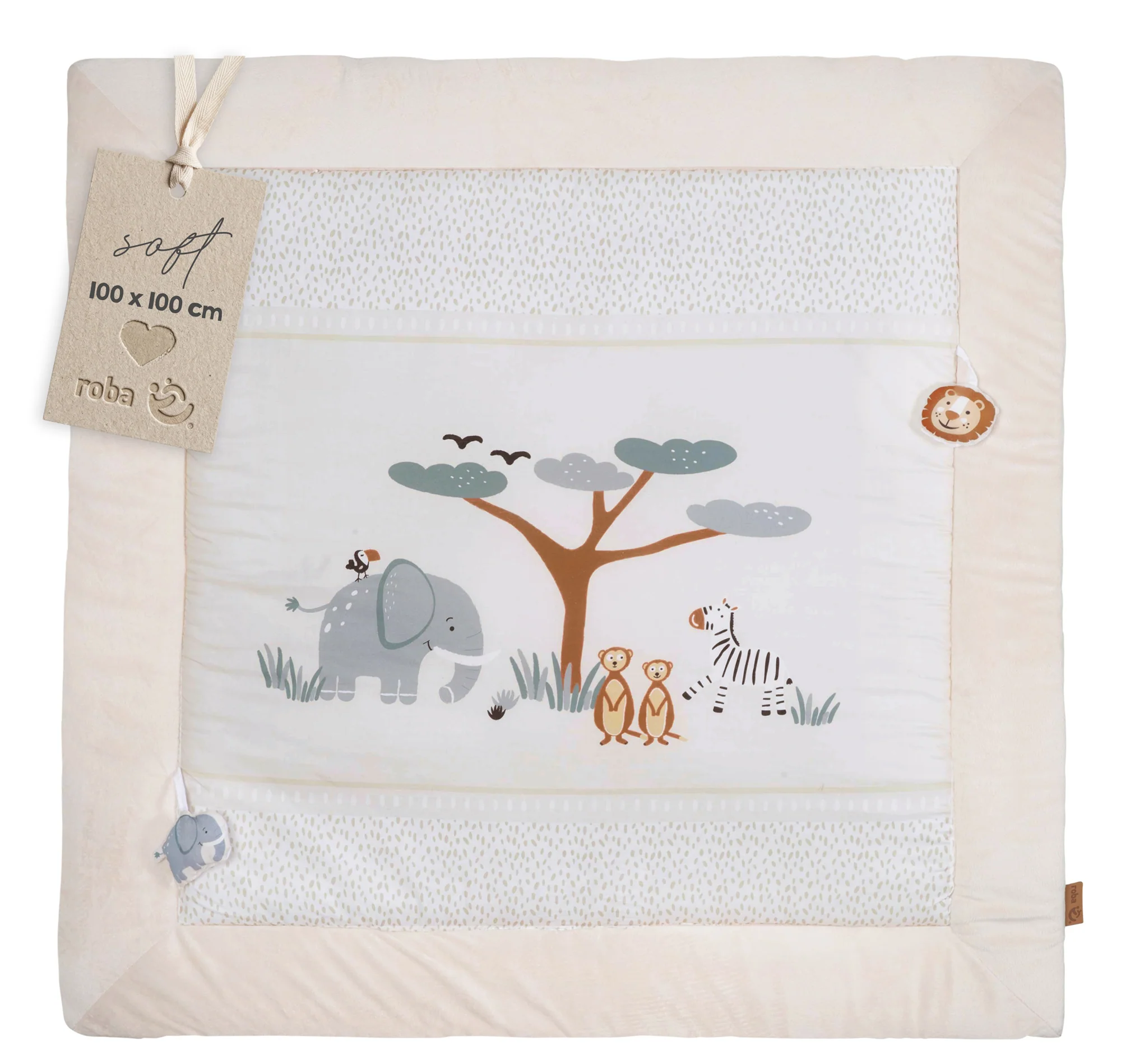 Krabbel- & Spieldecke 'Savanna Friends' 100 x 100 cm aus Baumwolle - Beige / Weiß