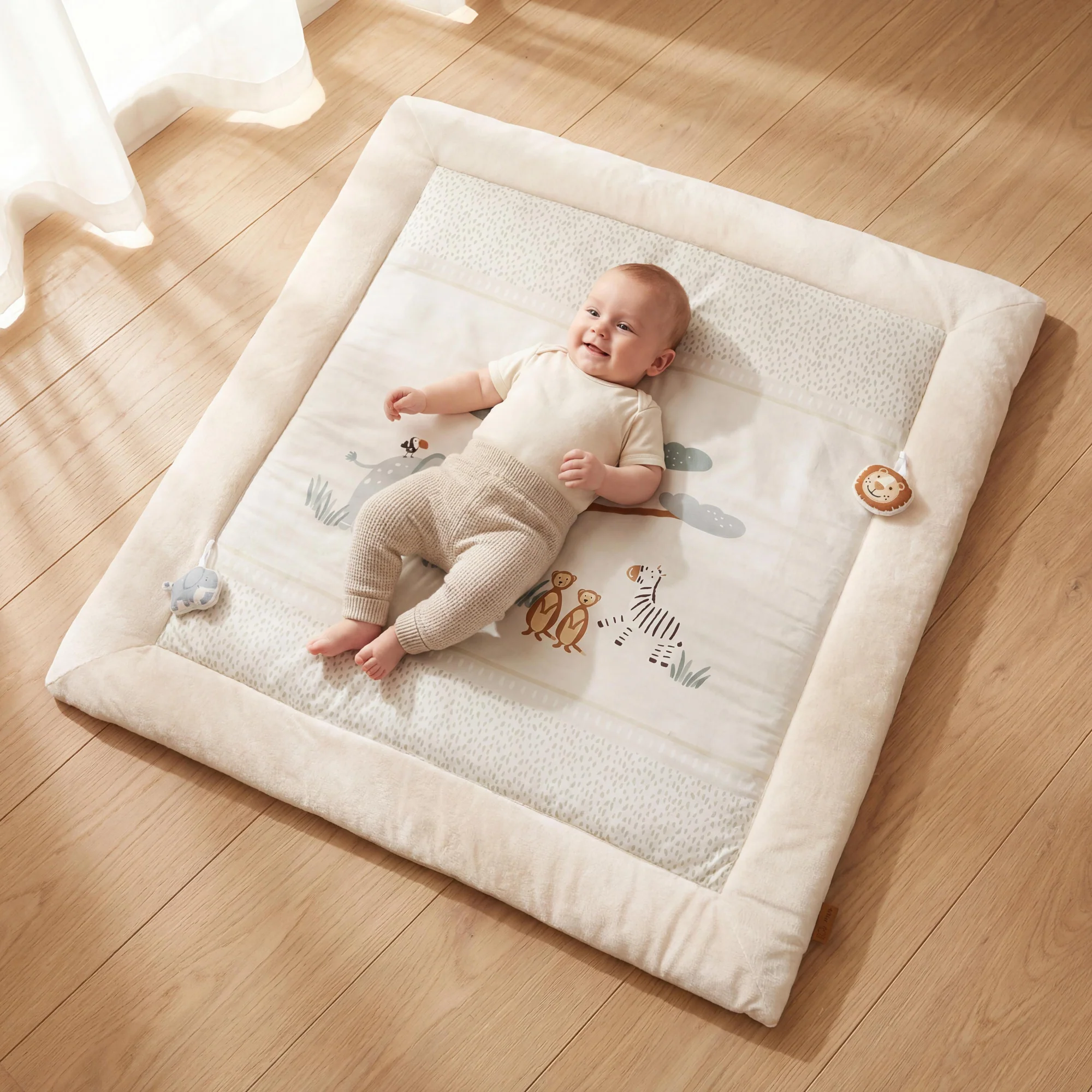 Krabbel- & Spieldecke 'Savanna Friends' 100 x 100 cm aus Baumwolle - Beige / Weiß - Image 2