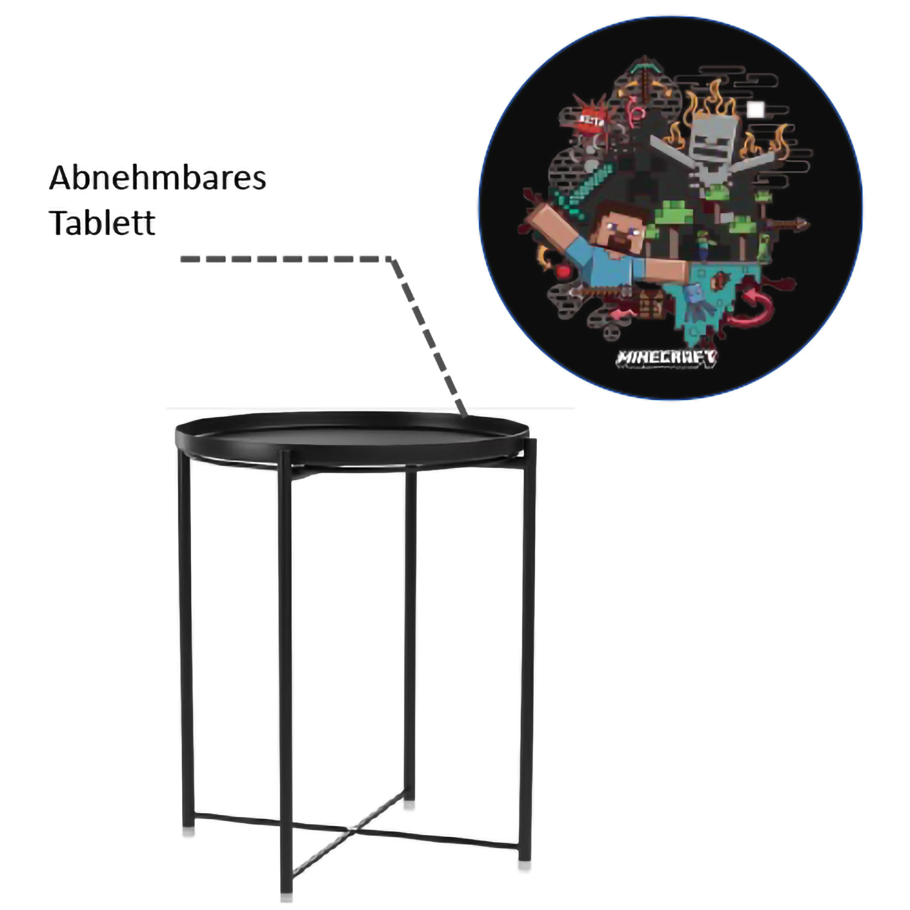 Runder Beistelltisch 'Minecraft' mit abnehmbaren Tablett - Pixeliger Motivdruck - Schwarz - Image 4