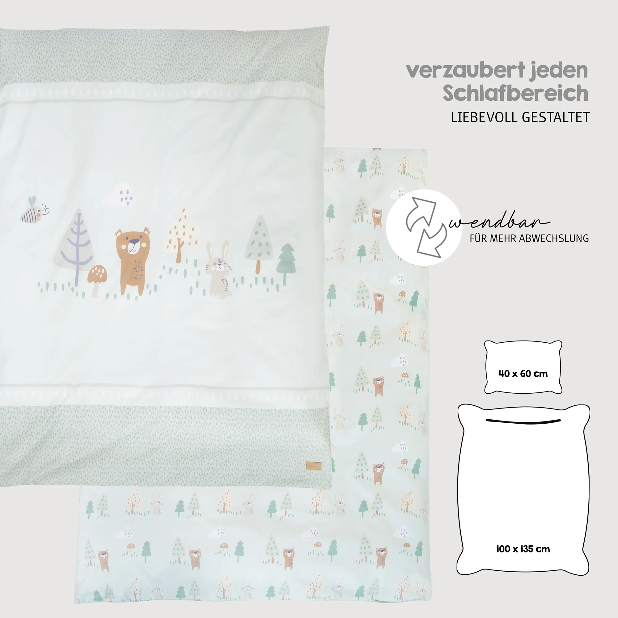Kinderbettwäsche 'Woodland Buddies' - Bezug 100 x 135 cm - Pastellgrün - Image 3