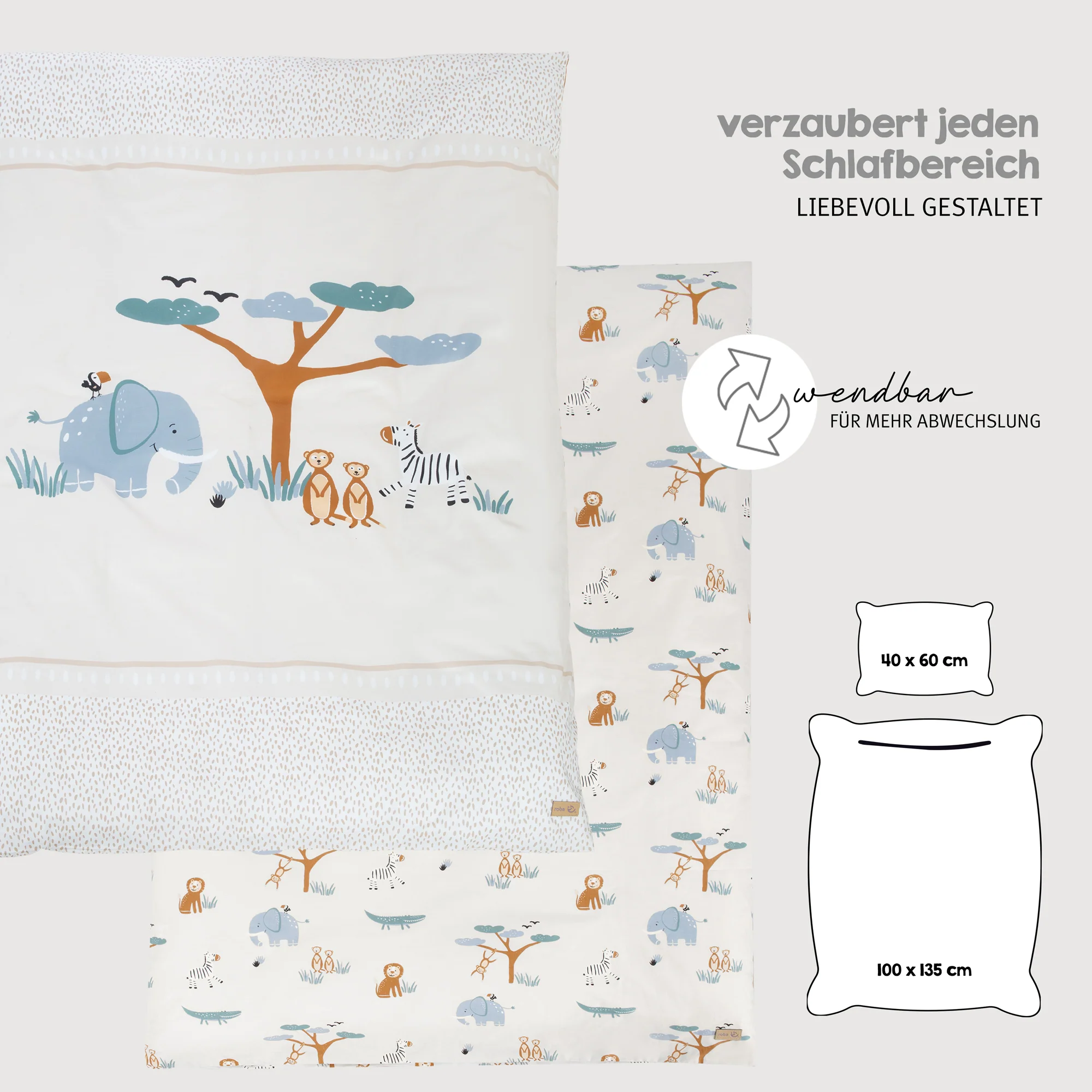 Kinderbettwäsche 'Savanna Friends' - Bezug für Decke 100x135 + Kissenbezug 40x60 - Beige - Image 2