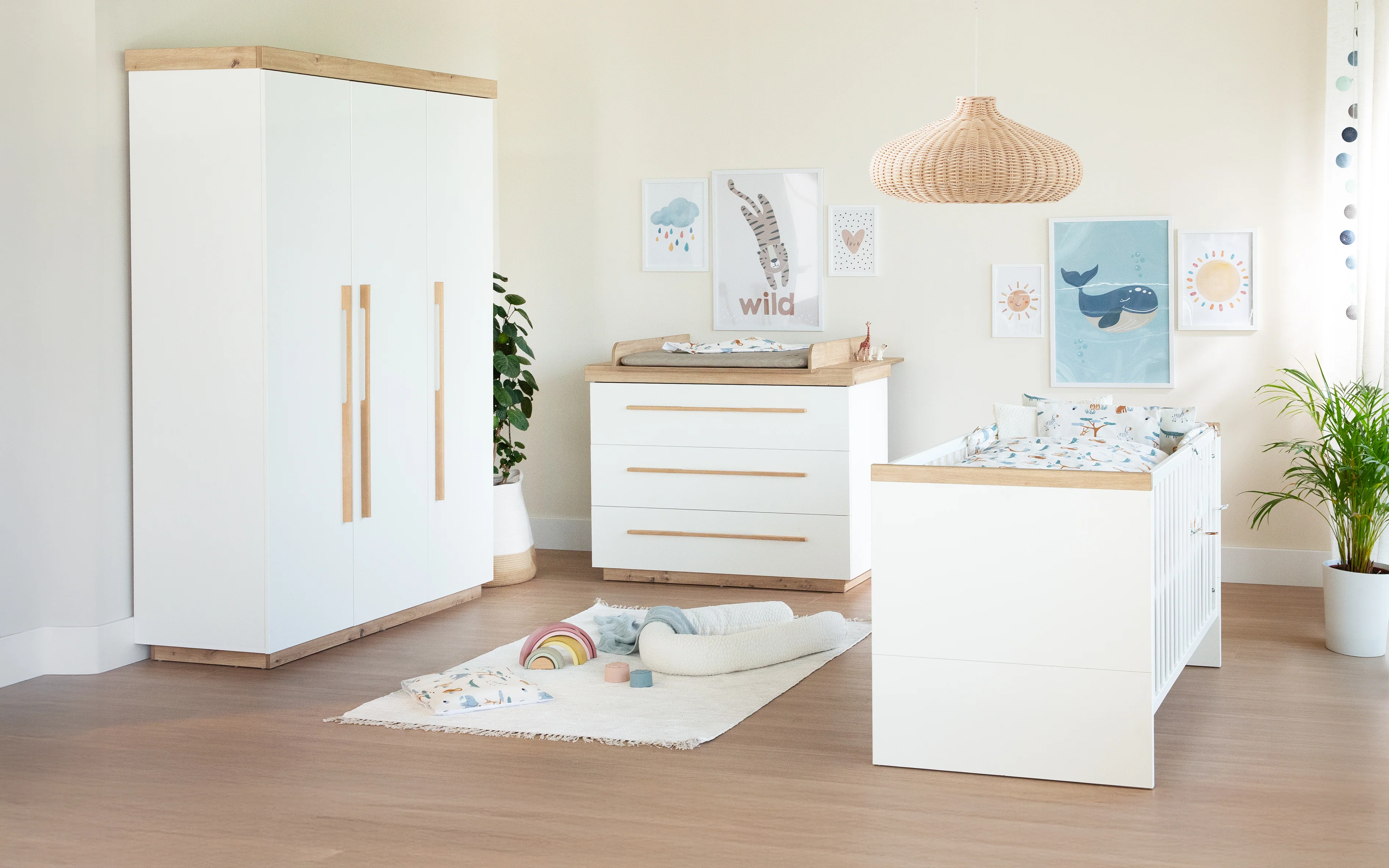 Kinderkleiderschrank 'Lumo - 3-türig - Soft-Close Funktion & Holzgriffen - Weiß / Artisan Eiche - Image 7