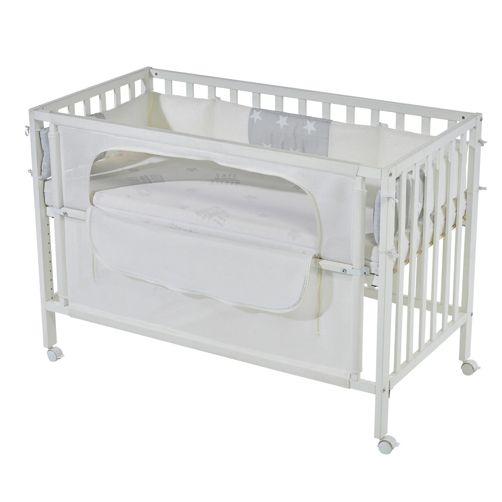 Room Bed 'safe asleep®', 60 x 120 cm, 'Sterne grau', Beistellbett inkl. Ausstattung, weiß lackiert - Image 3