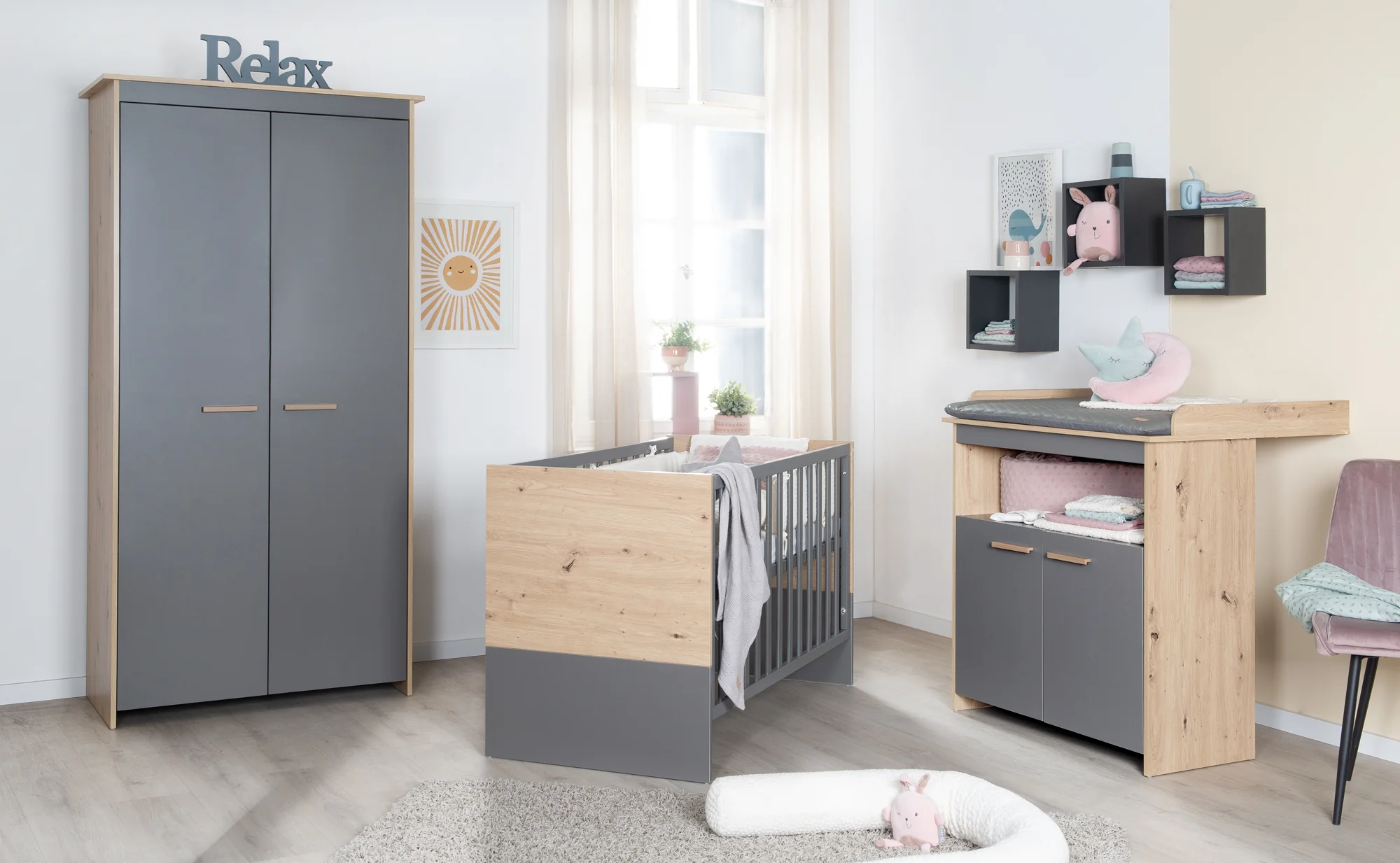 2 in 1 Baby- & Beistellbett 'Anna' 60 x 120 cm - Anthrazit / Dekor in Kent Eiche - Image 9