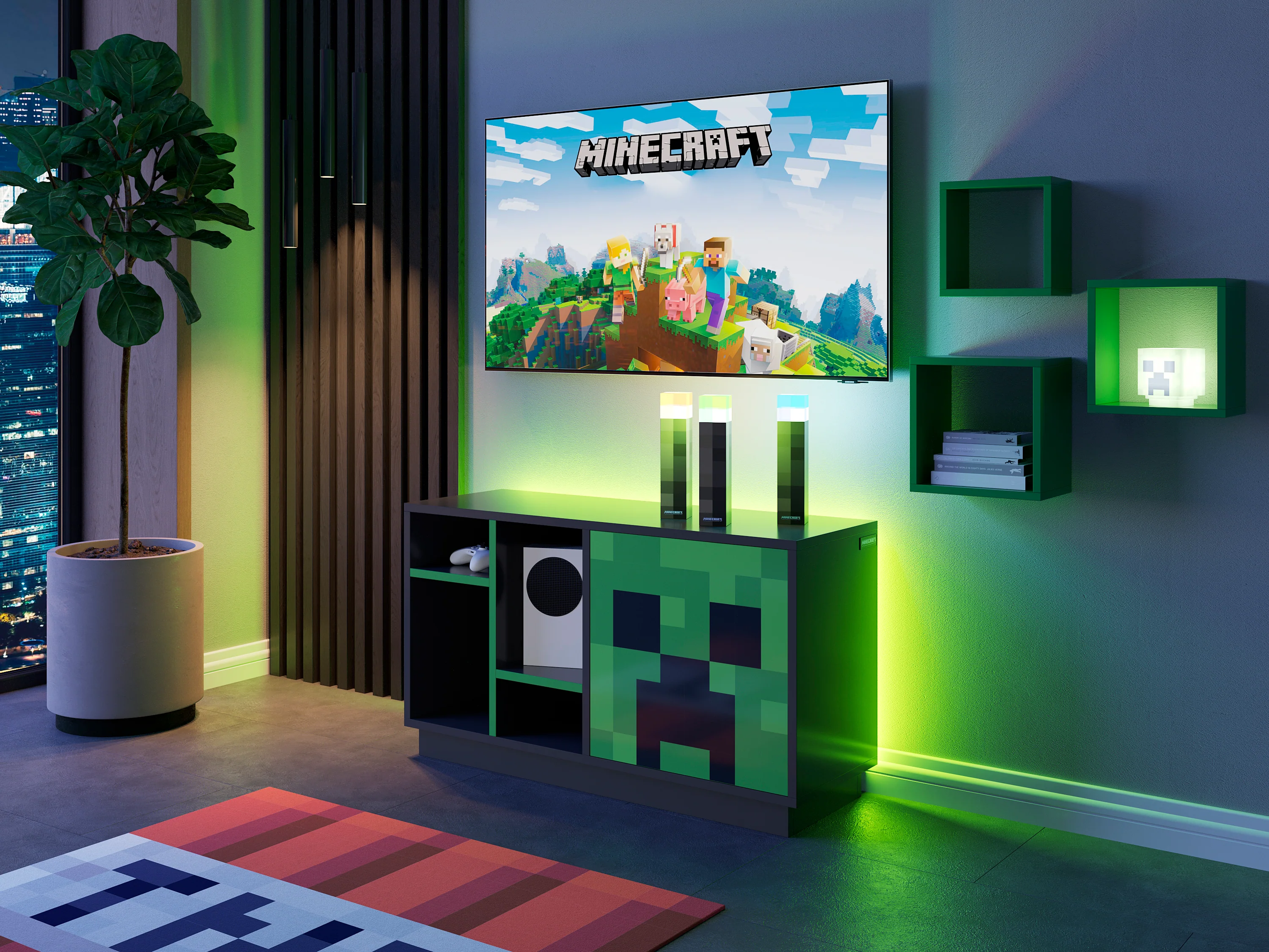 TV-Lowboard 'Minecraft' mit Tür mit Push-Open und 4 offenen Fächern - Schwarz / Grün - Image 2