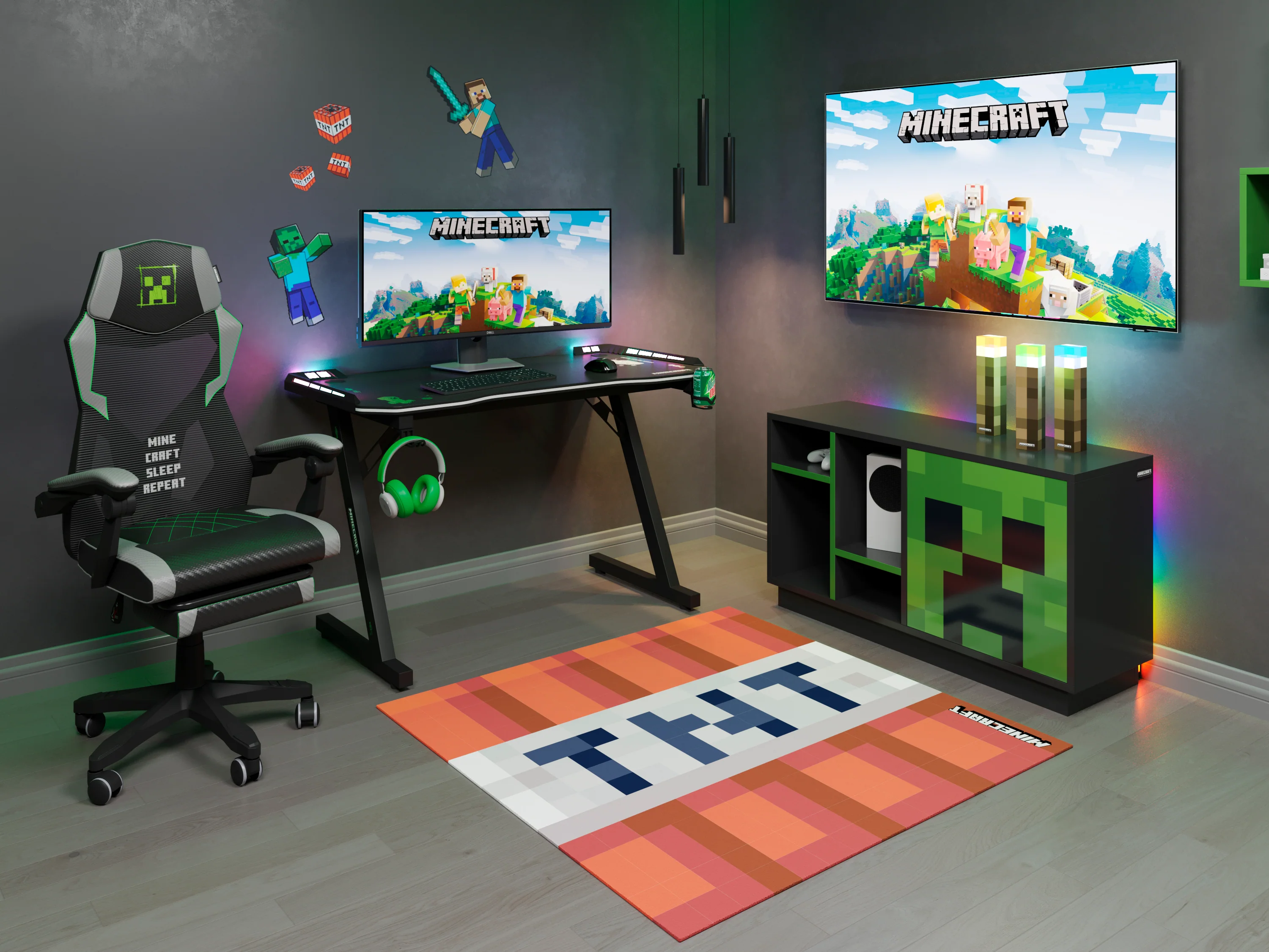 TV-Lowboard 'Minecraft' mit Tür mit Push-Open und 4 offenen Fächern - Schwarz / Grün - Image 4