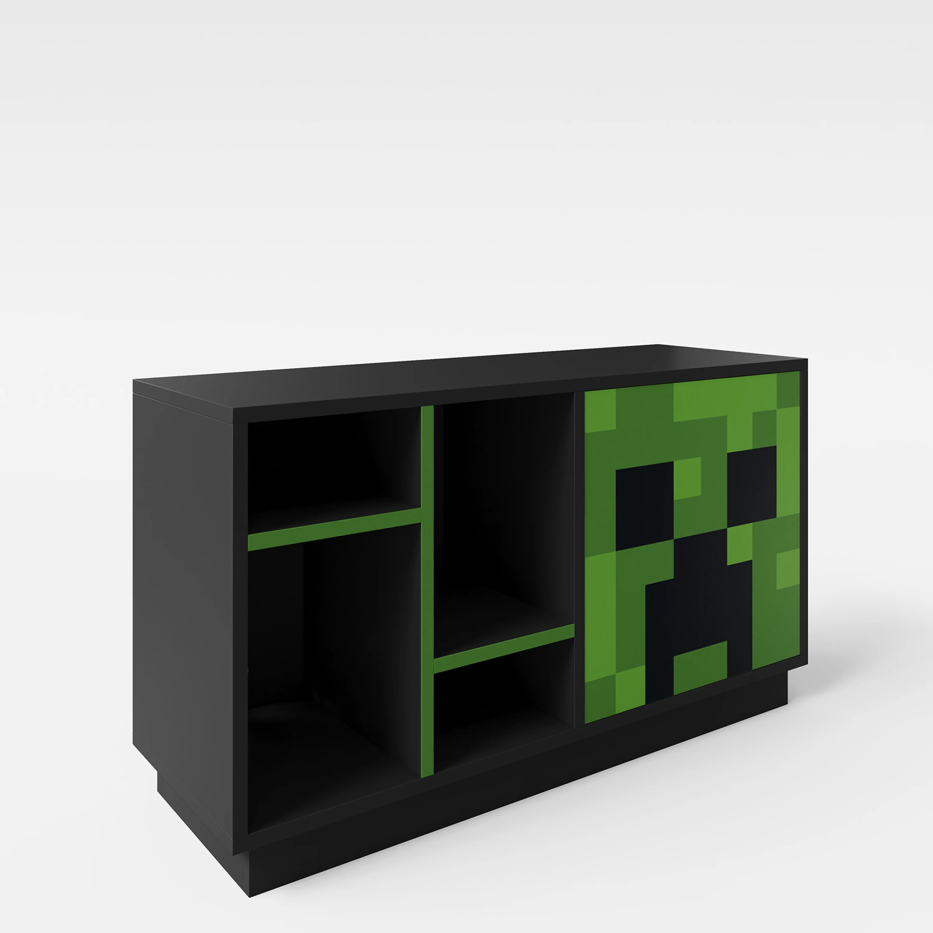 TV-Lowboard 'Minecraft' mit Tür mit Push-Open und 4 offenen Fächern - Schwarz / Grün - Image 5