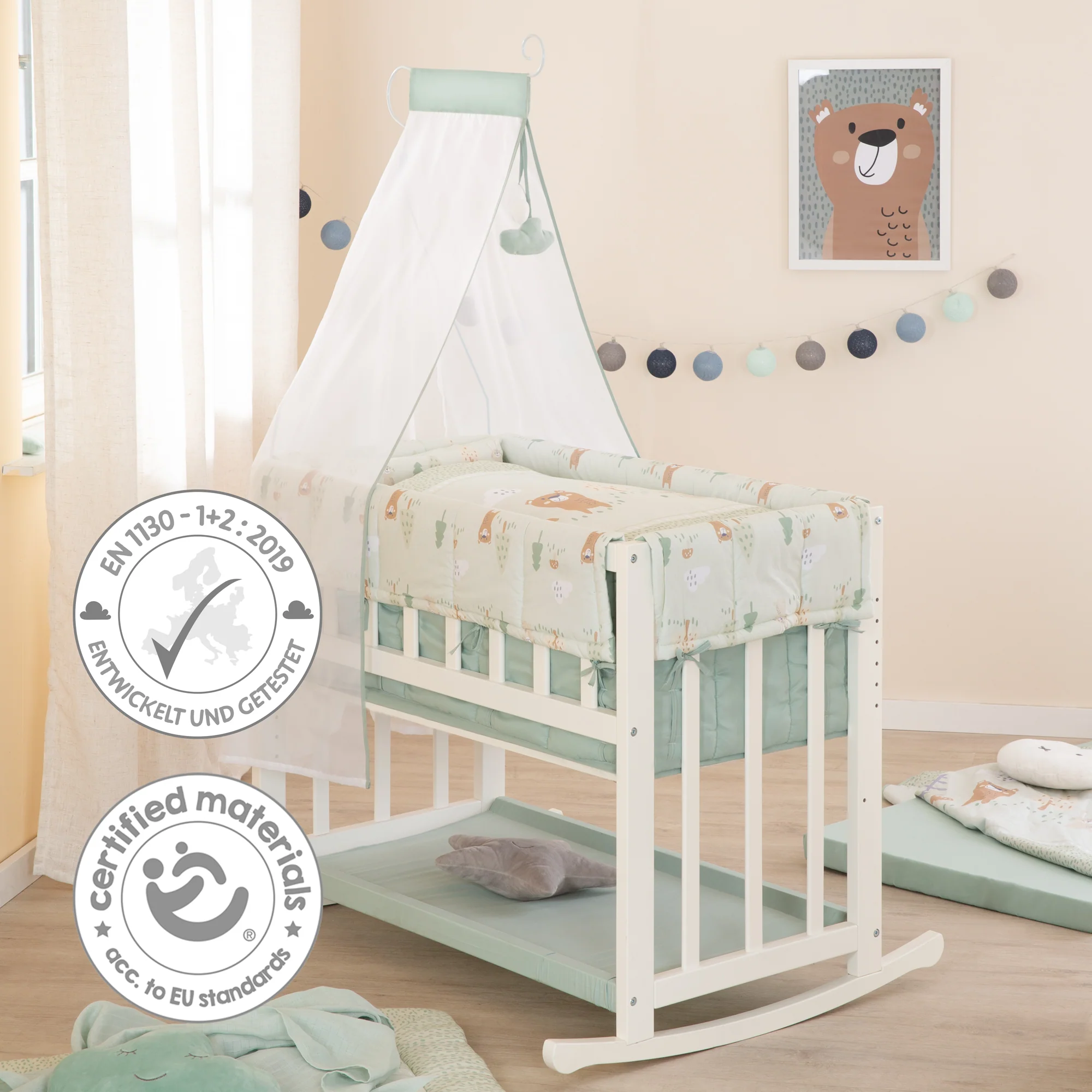 Stubenbett 4 in 1 'Woodland Buddies' inkl. textiler Ausstattung - Weiß / Pastellgrün - Image 10