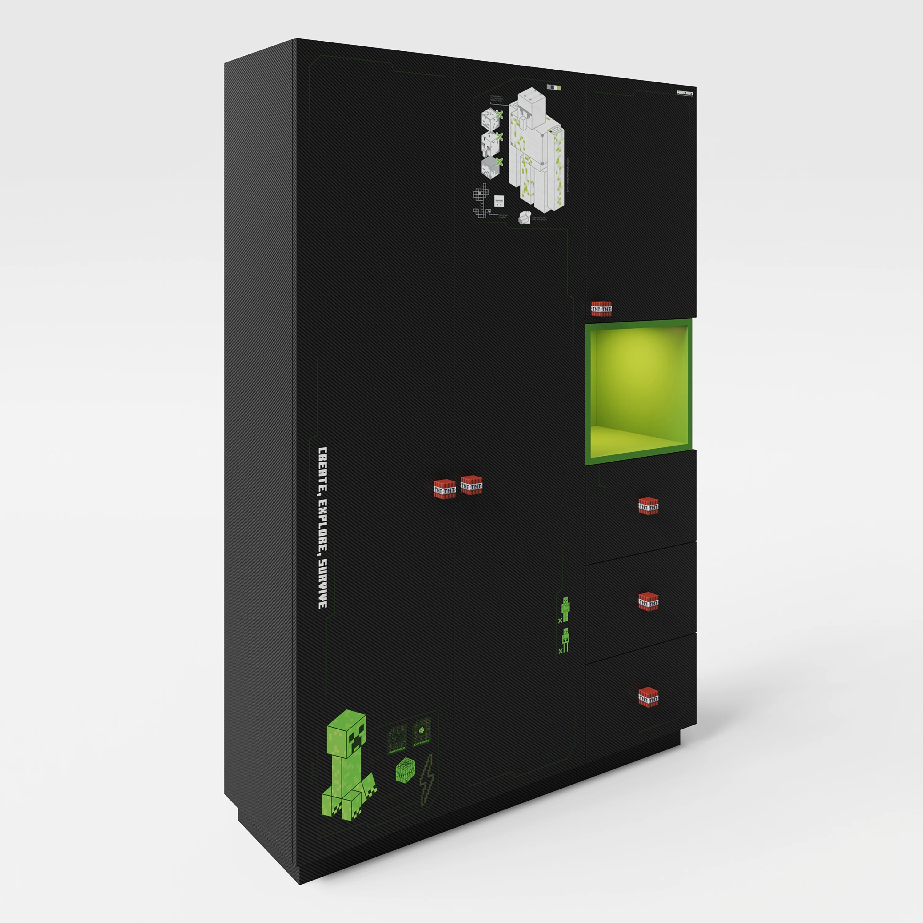 Kleiderschrank 'Minecraft' 3-türig - Carbon-Optik - Schwarz / Grün - Image 3