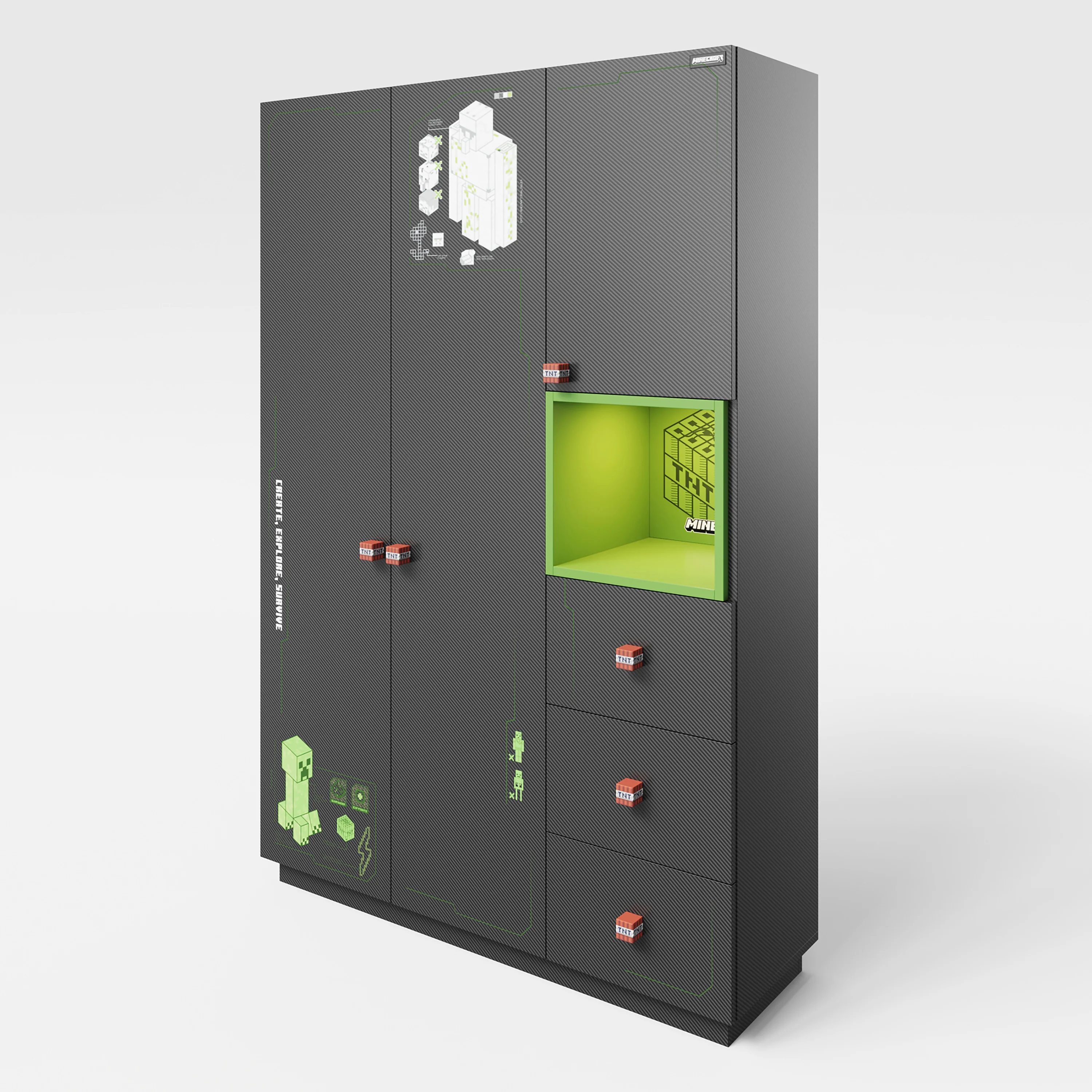 Kleiderschrank 'Minecraft' 3-türig - Carbon-Optik - Schwarz / Grün - Image 4