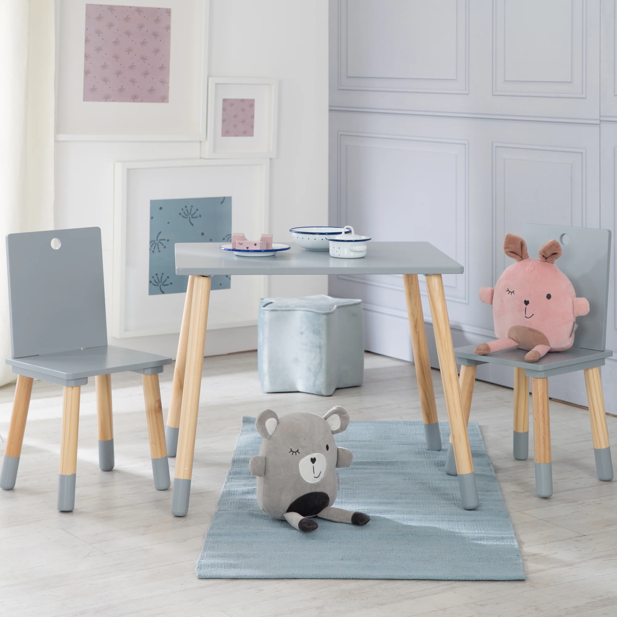 Kindersitzgruppe, Kindermöbel Set, 2 Kinderstühle & 1 Tisch, Sitzgarnitur Holz, grau lackiert - Image 4