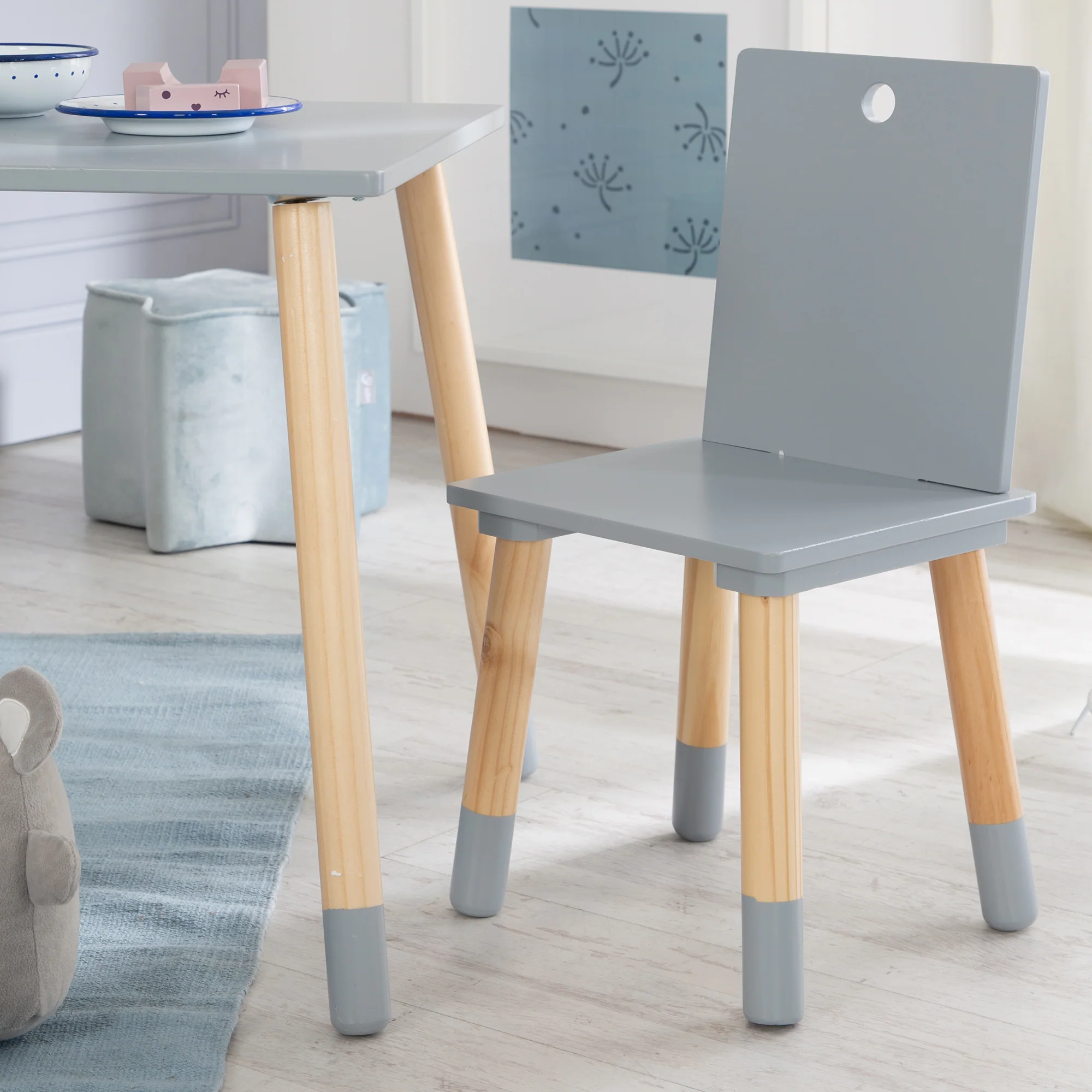 Kindersitzgruppe, Kindermöbel Set, 2 Kinderstühle & 1 Tisch, Sitzgarnitur Holz, grau lackiert - Image 6