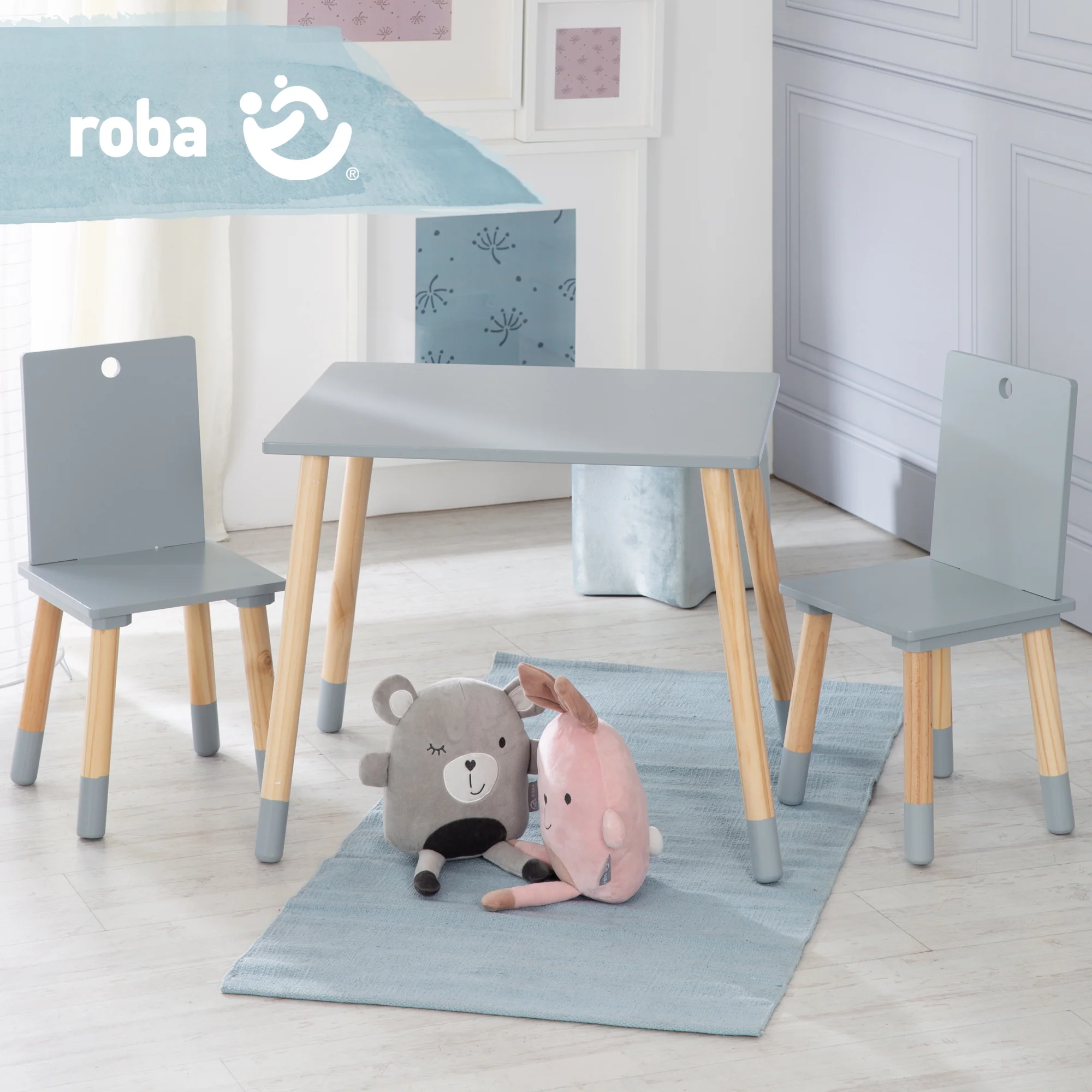 Kindersitzgruppe, Kindermöbel Set, 2 Kinderstühle & 1 Tisch, Sitzgarnitur Holz, grau lackiert - Image 9