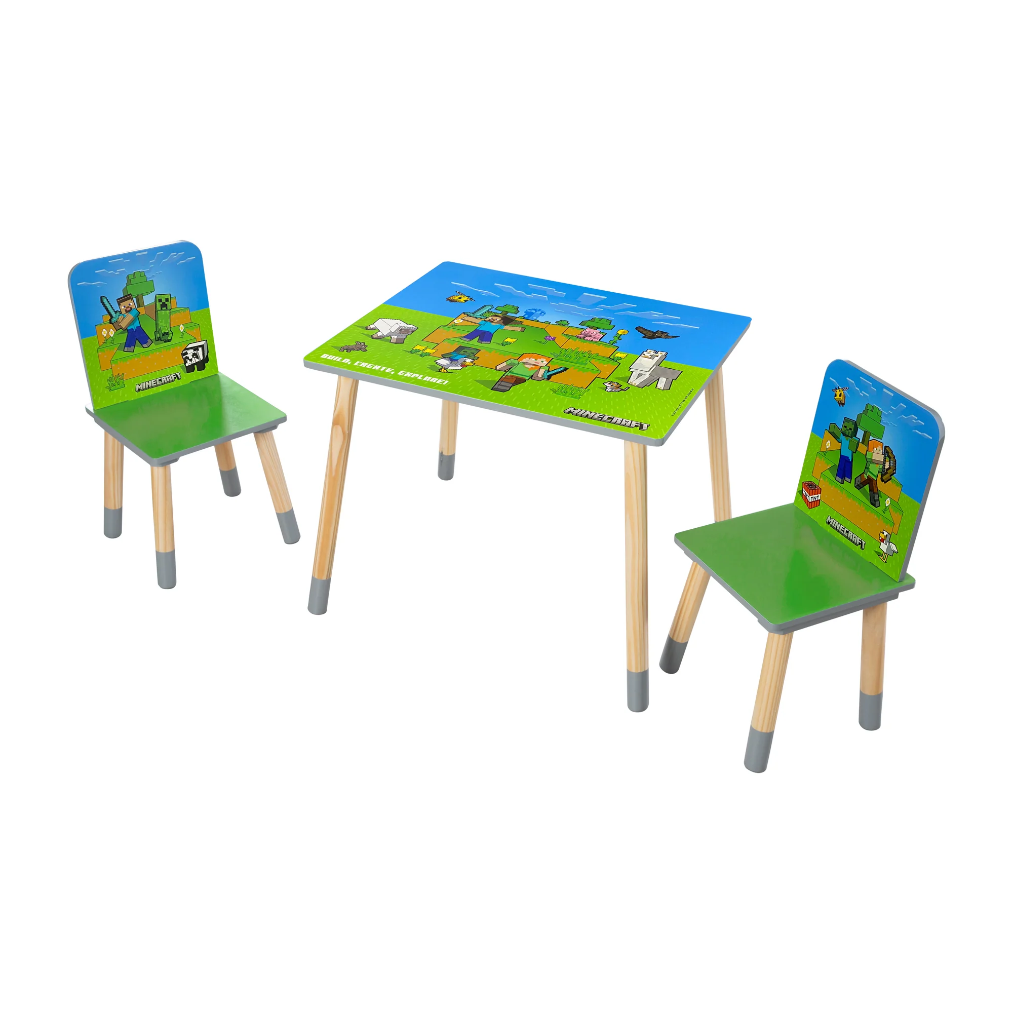 Kindersitzgruppe 'Minecraft' - Tisch mit 2 Stühlen aus Holz - Grün / Blau