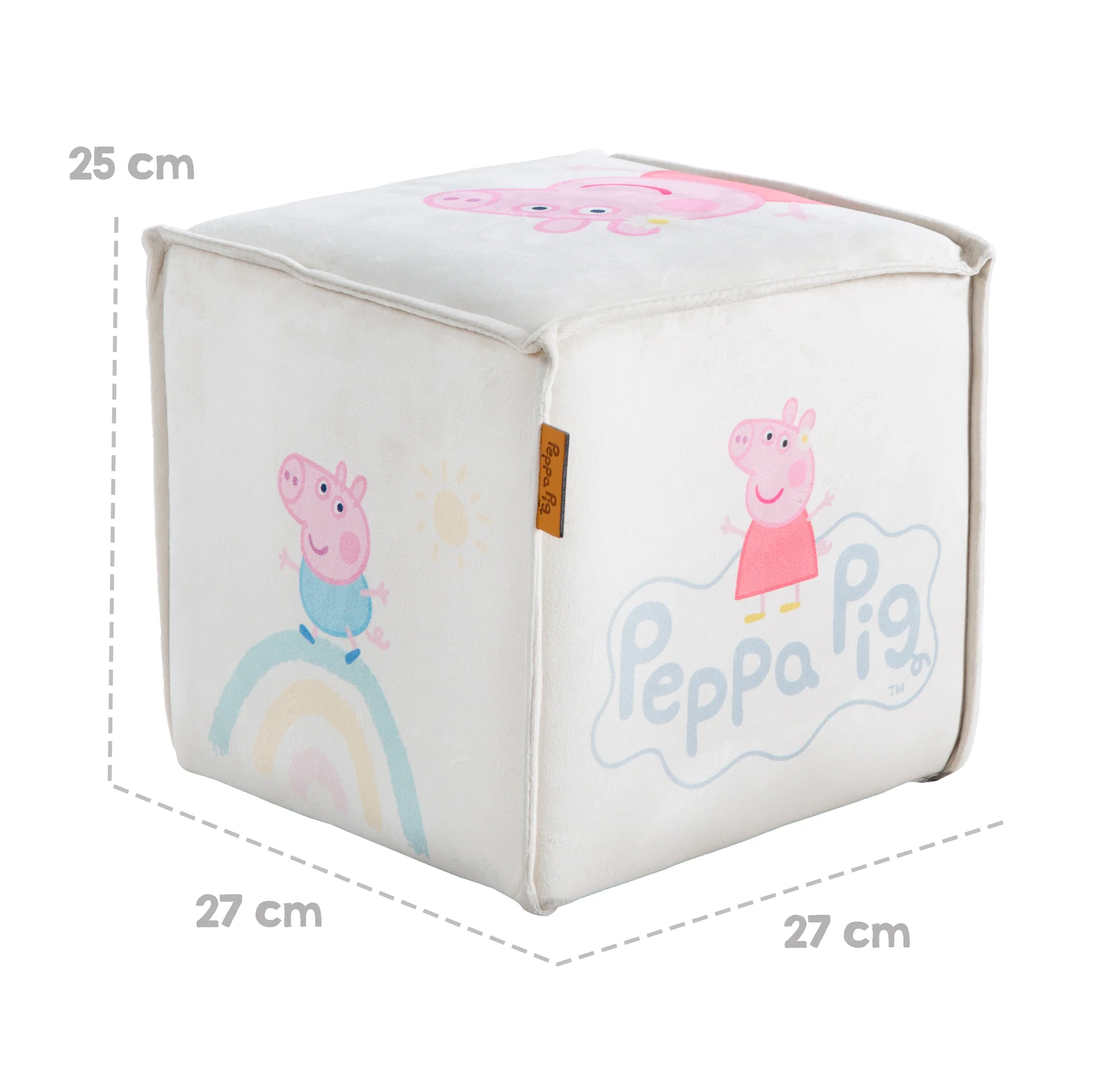 Kinderhocker 'Peppa Pig' in Würfelform - Samtbezug in Beige + Peppa Print - Image 3