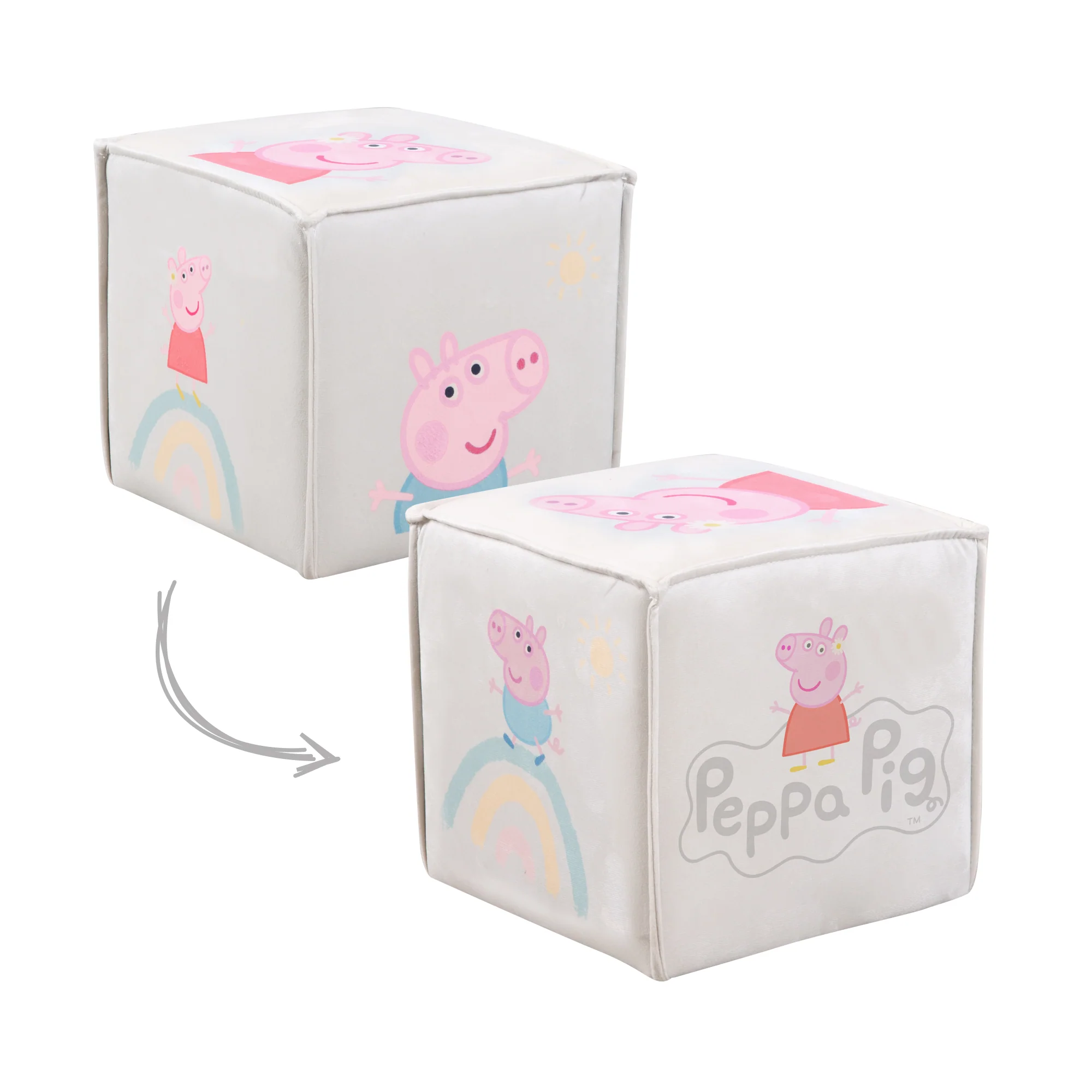 Kinderhocker 'Peppa Pig' in Würfelform - Samtbezug in Beige + Peppa Print - Image 6