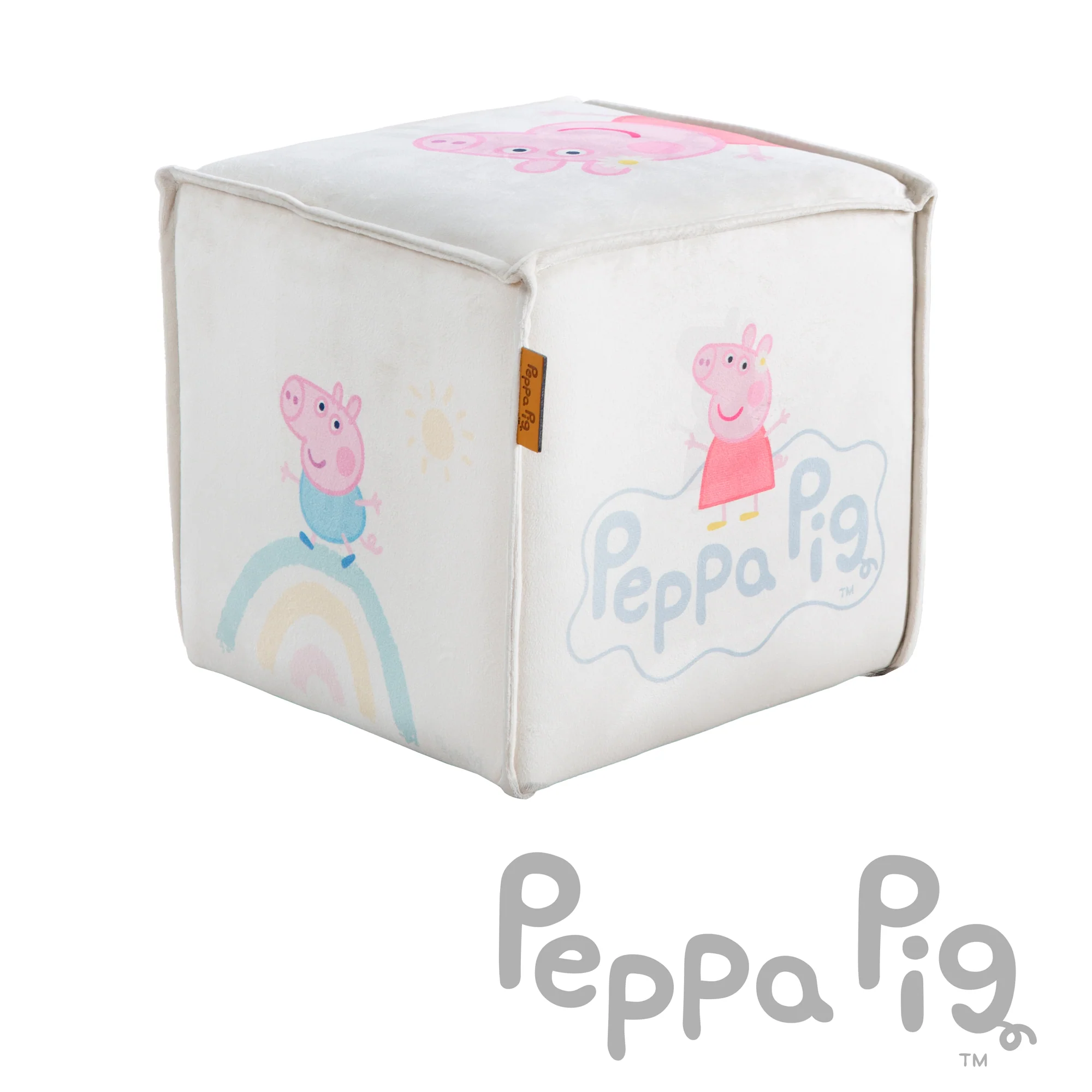 Kinderhocker 'Peppa Pig' in Würfelform - Samtbezug in Beige + Peppa Print - Image 7